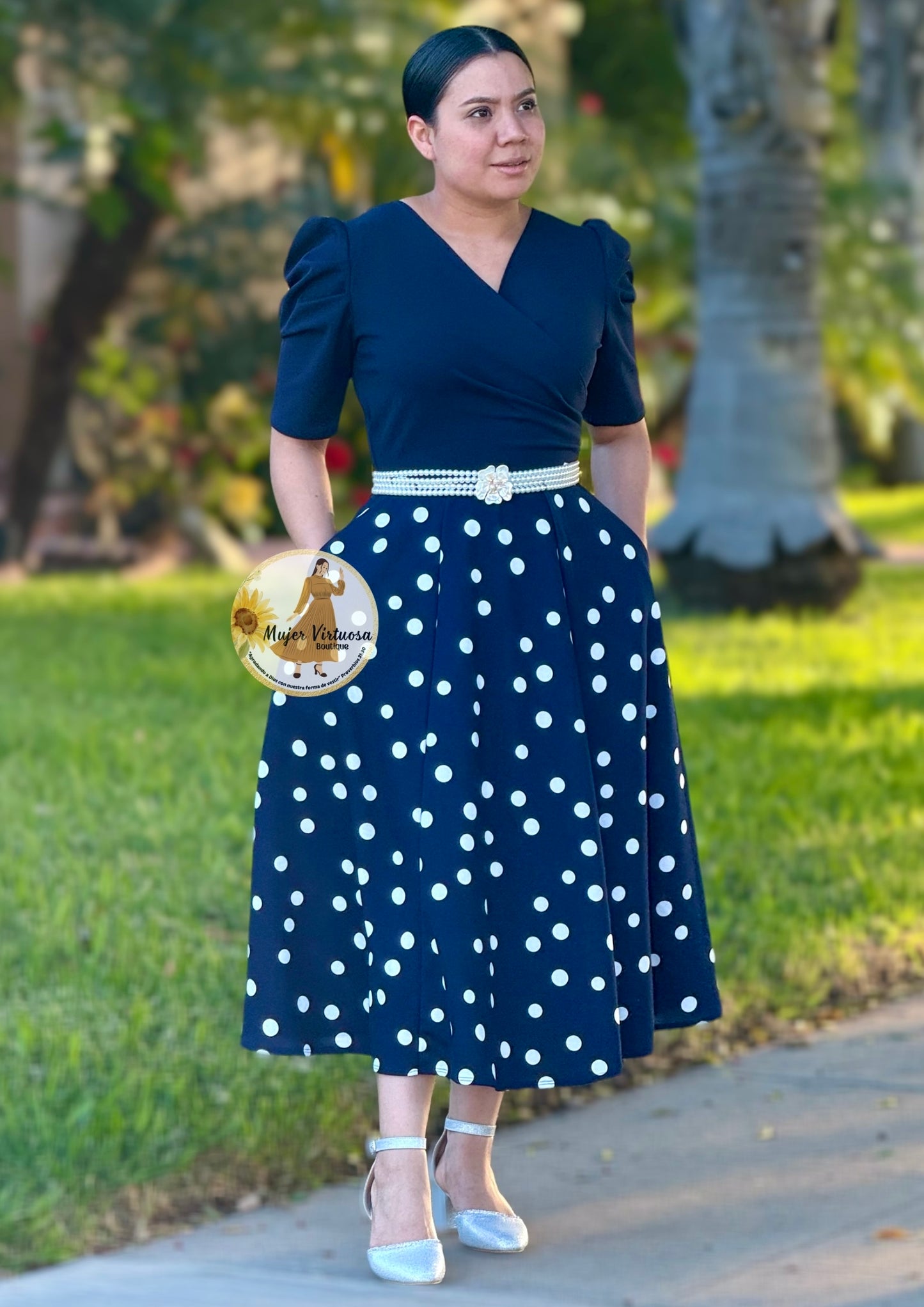 Navy Polka Dot Midi Dress