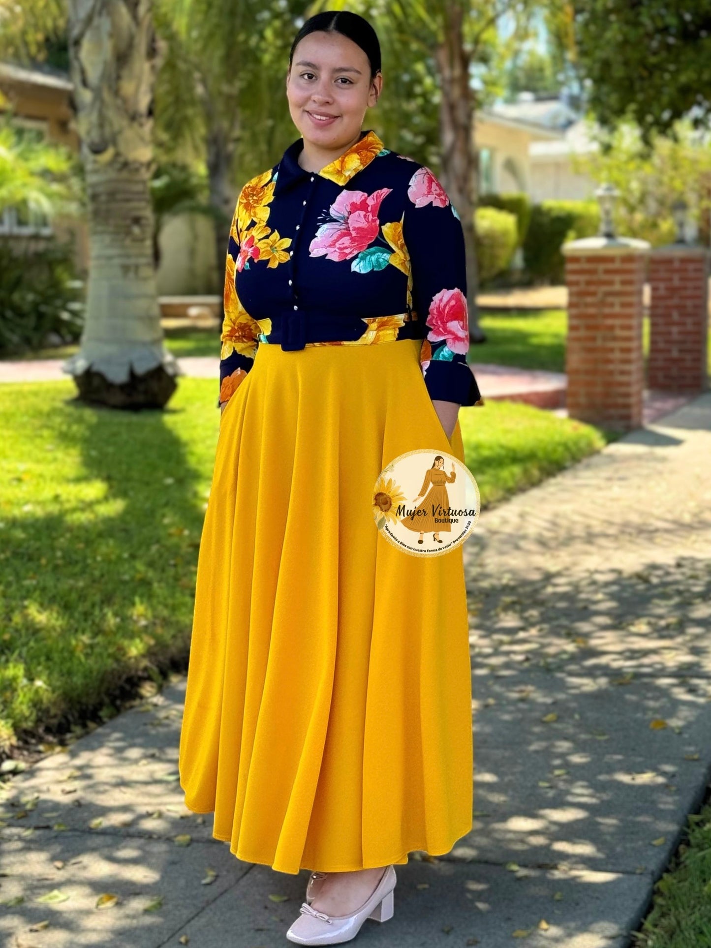 Hadassah Mustard Belted Floral Dress