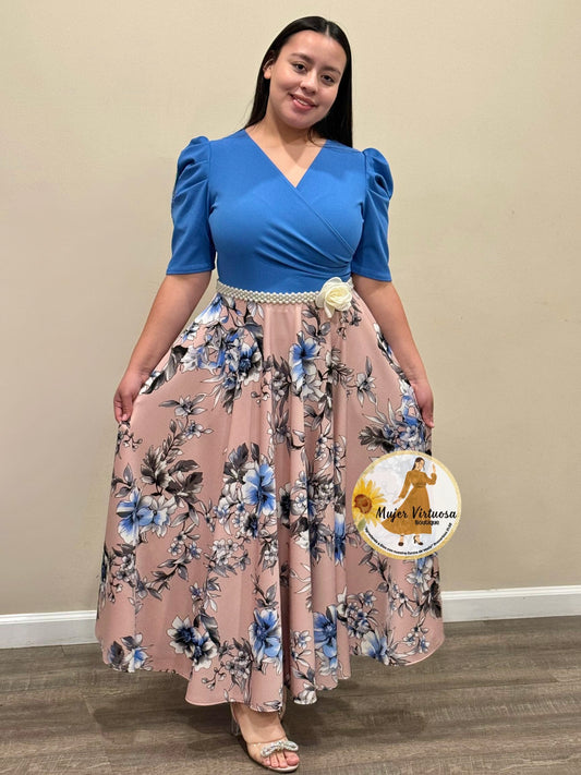 Susan Denim Blue & Pink Floral Dress