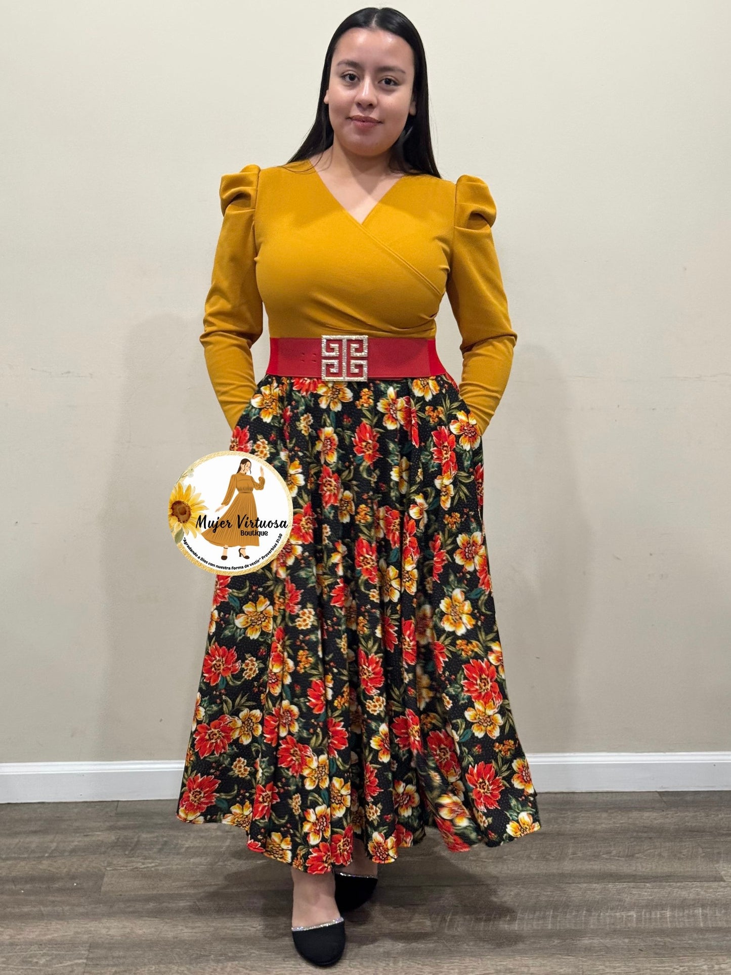 Larissa Mustard & Black Floral Dress