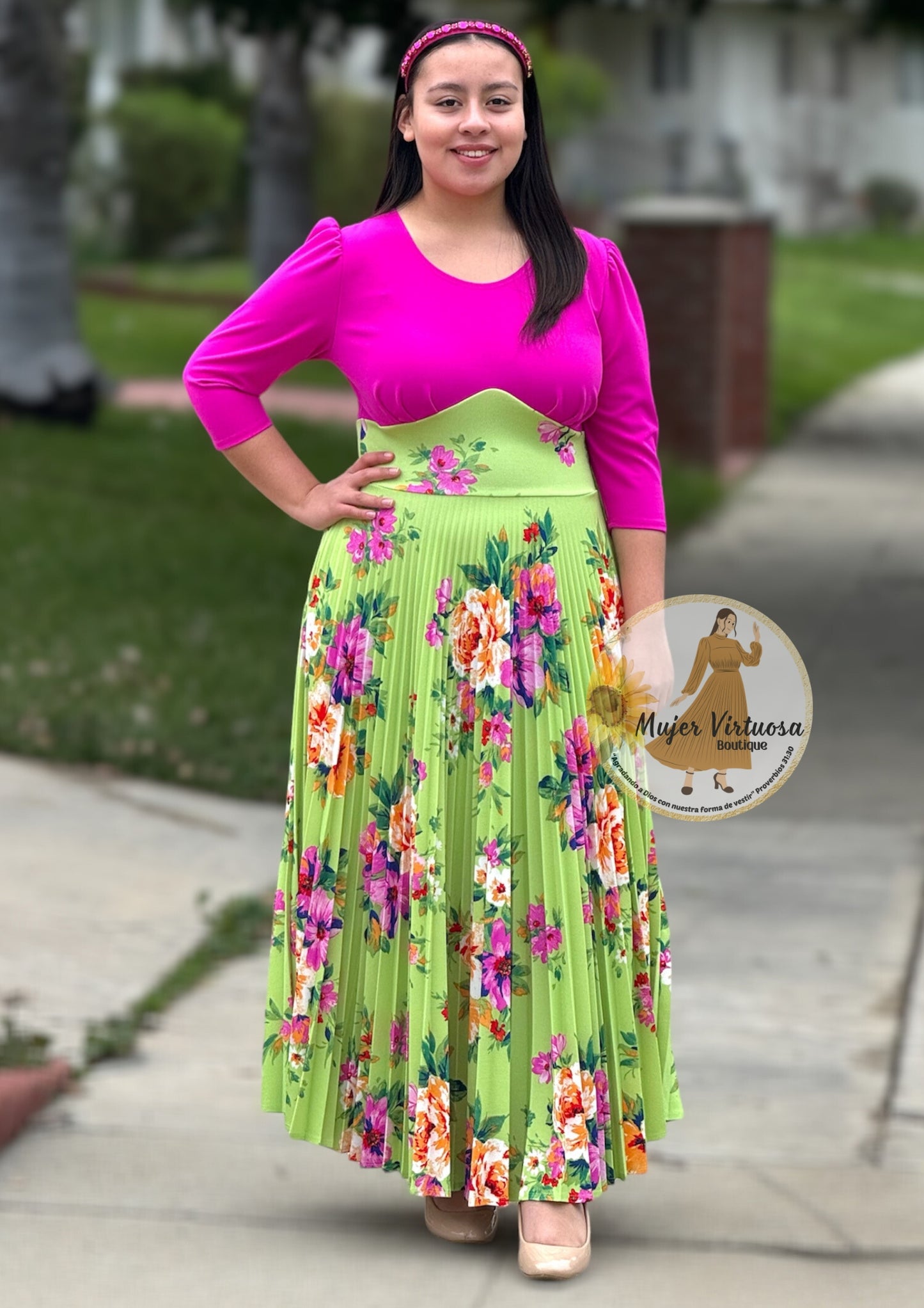 Cristel Fucsia & Lime Floral Pleated Dress