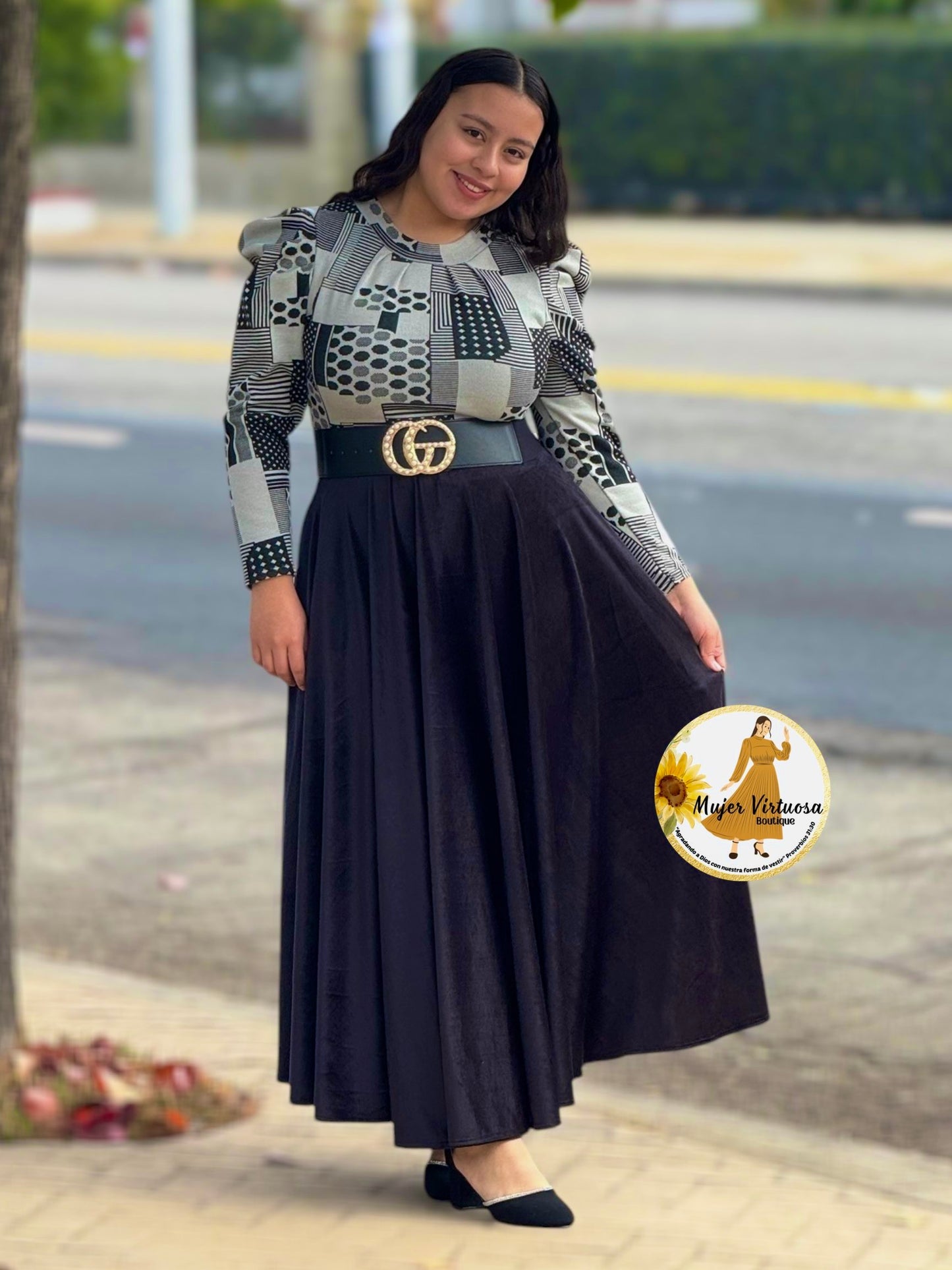 Eloisa Black & Grey Polka Dot Velvet Dress