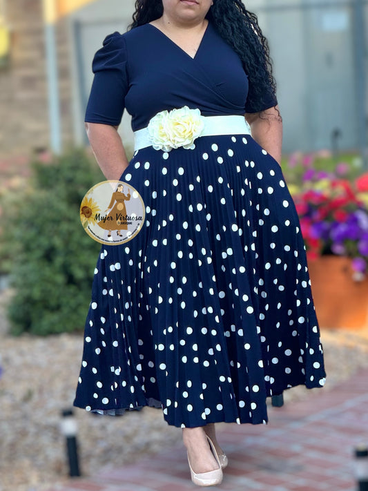 Jessica Navy Polka Dot Pleated Dress