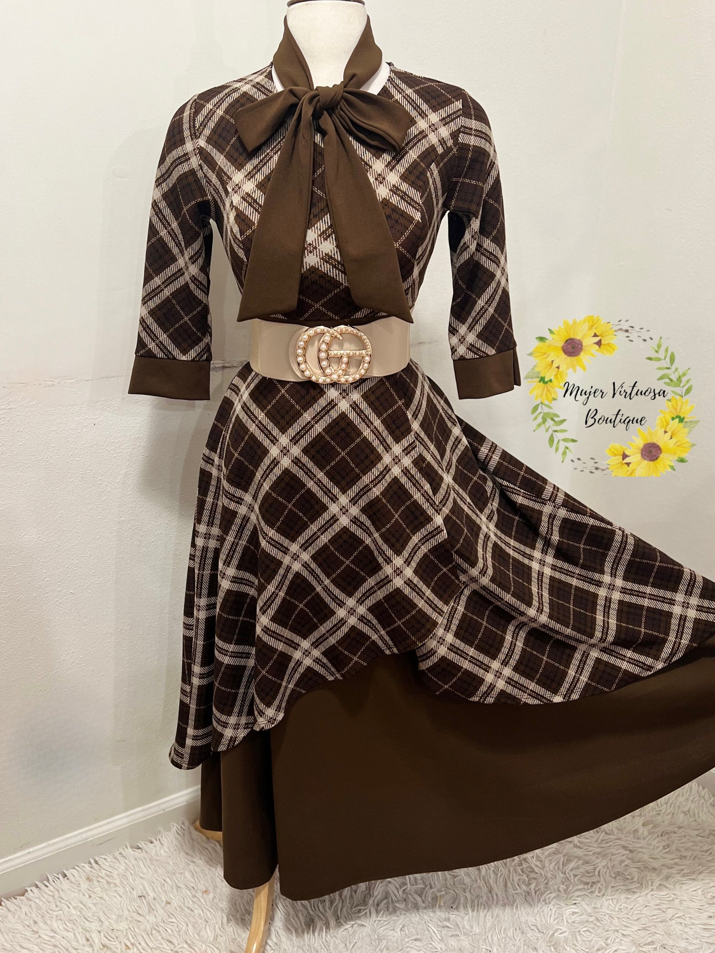 Oriana Coffee Vintage Plaid Dress