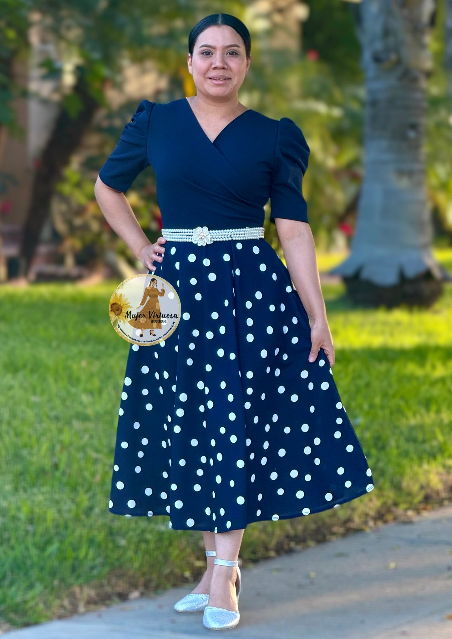 Navy Polka Dot Midi Dress