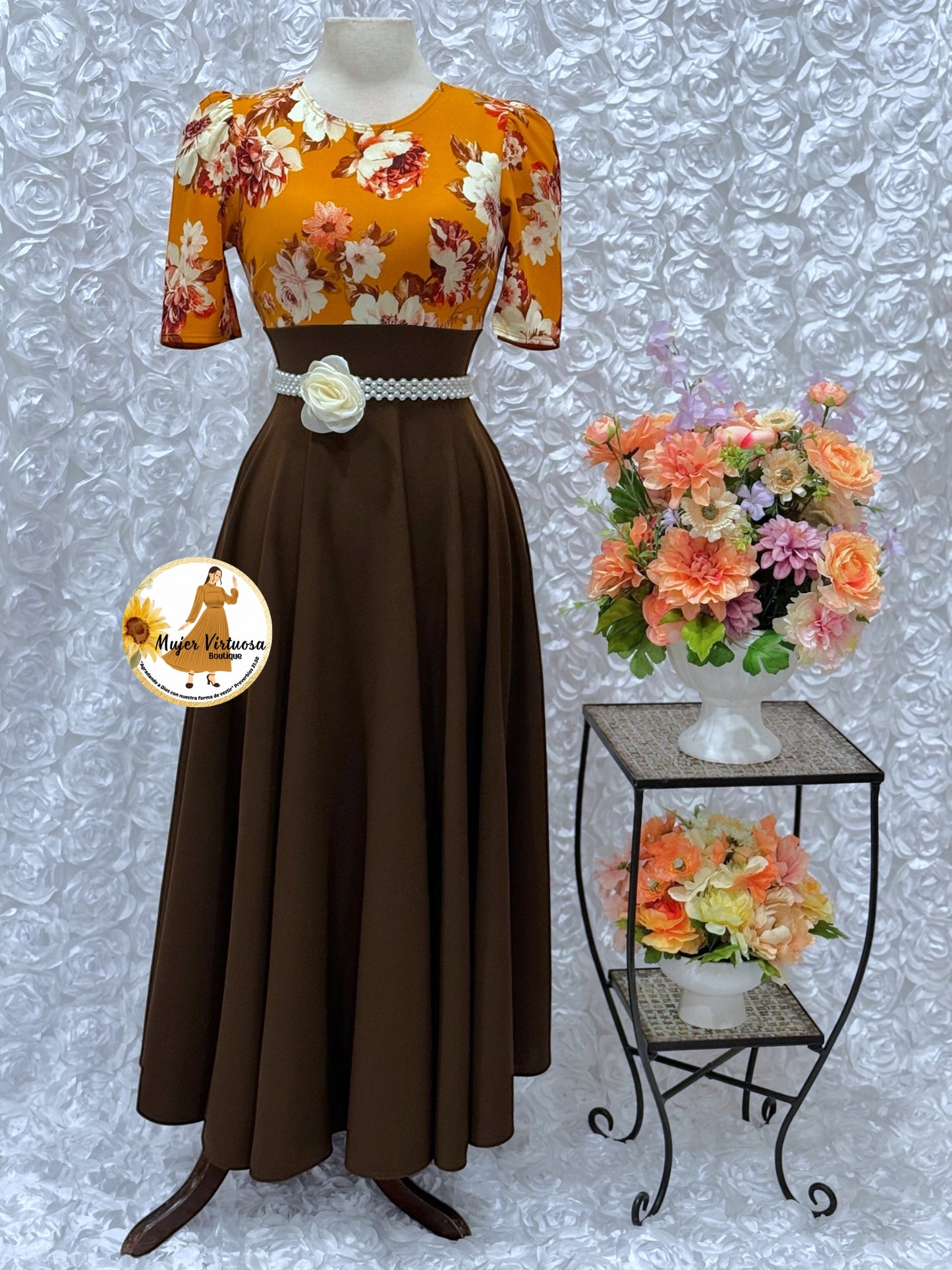 Eliana Mustard & Brown Floral Dress