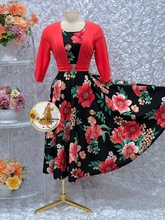 Coral/Black Floral Midi Dress