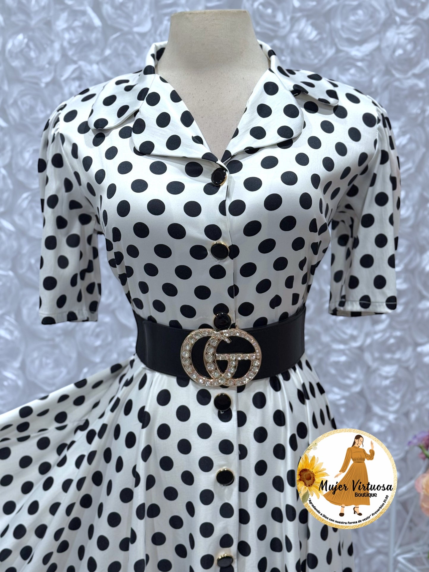 Jimena White Polka Dot Satin Dress