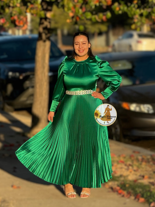 Litzy Kelly Green Satin Pleated Dress