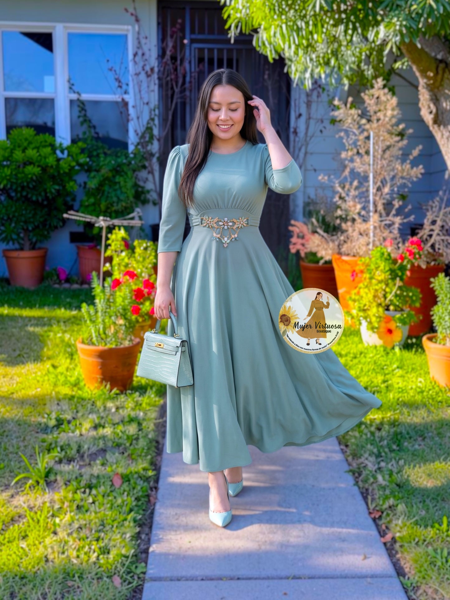 Amira Sage Elegant Belted Dress