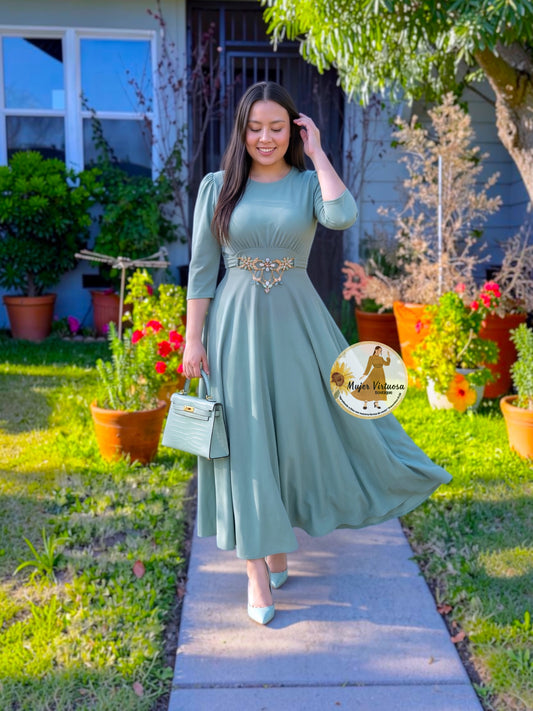 Amira Sage Elegant Belted Dress
