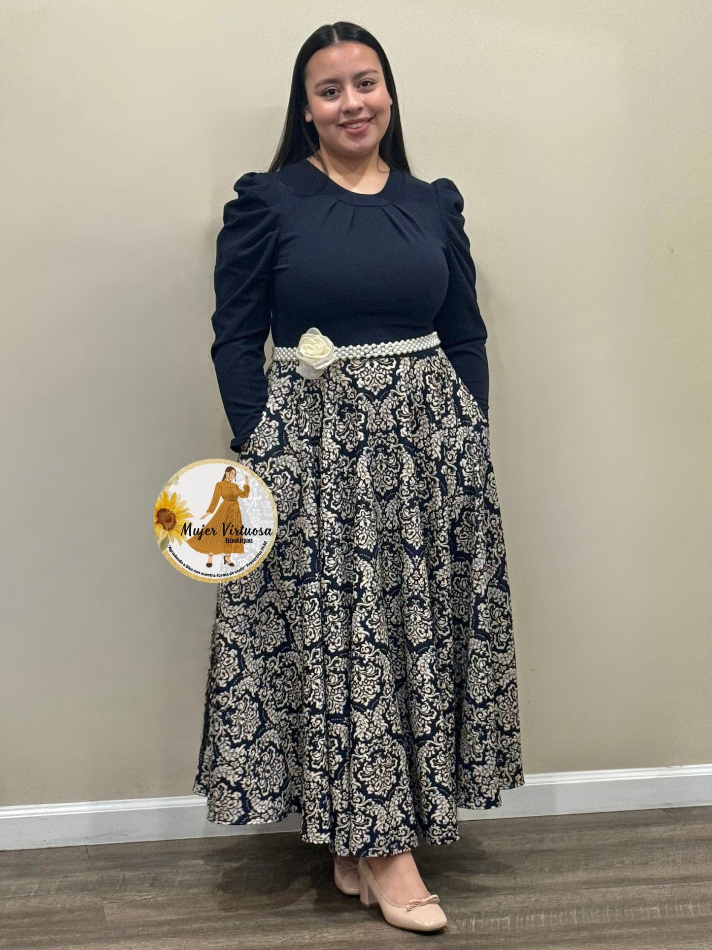 Eloisa Navy & Beige Floral Dress