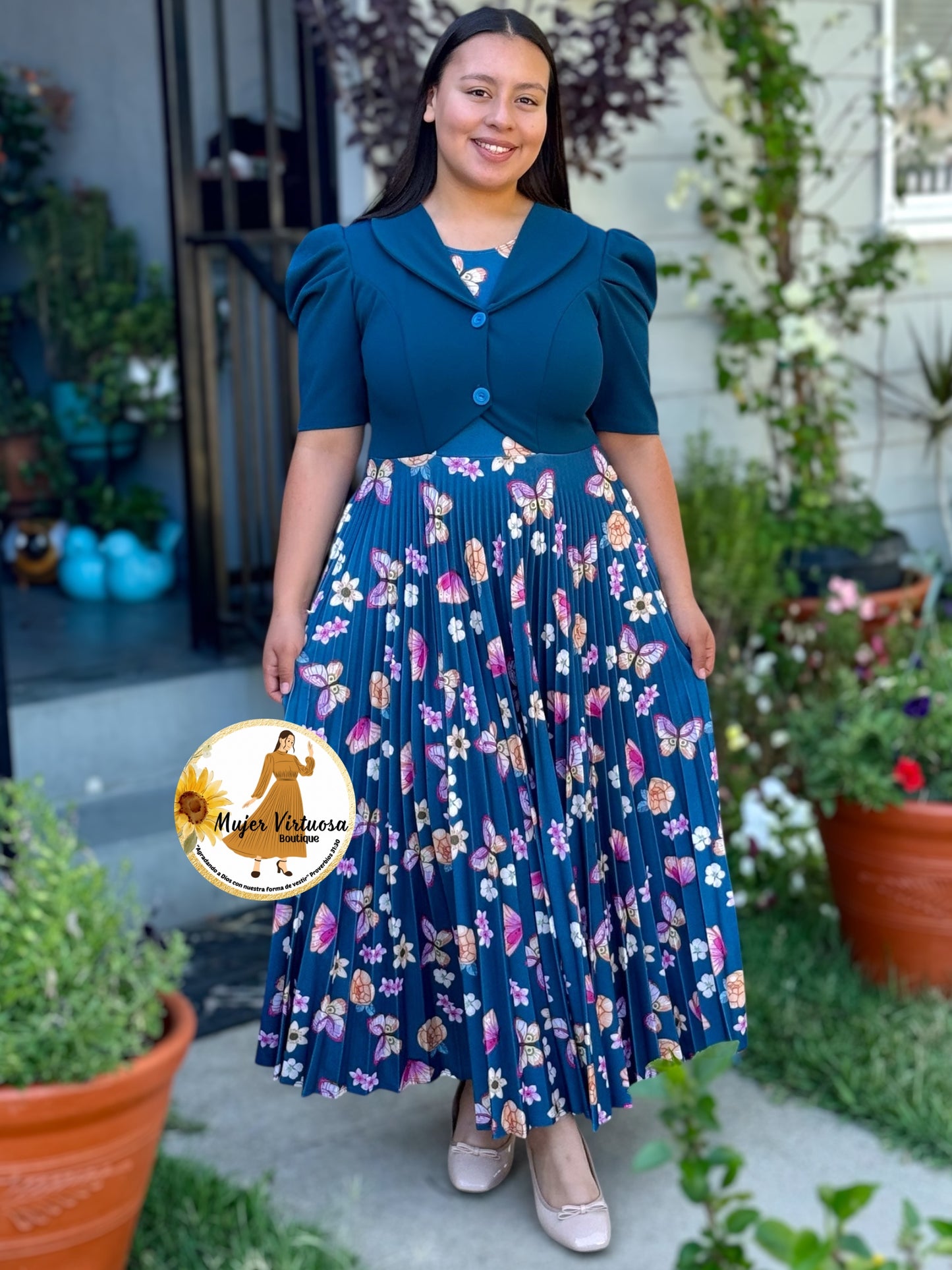 Esther Teal Butterfly Pleated Dress