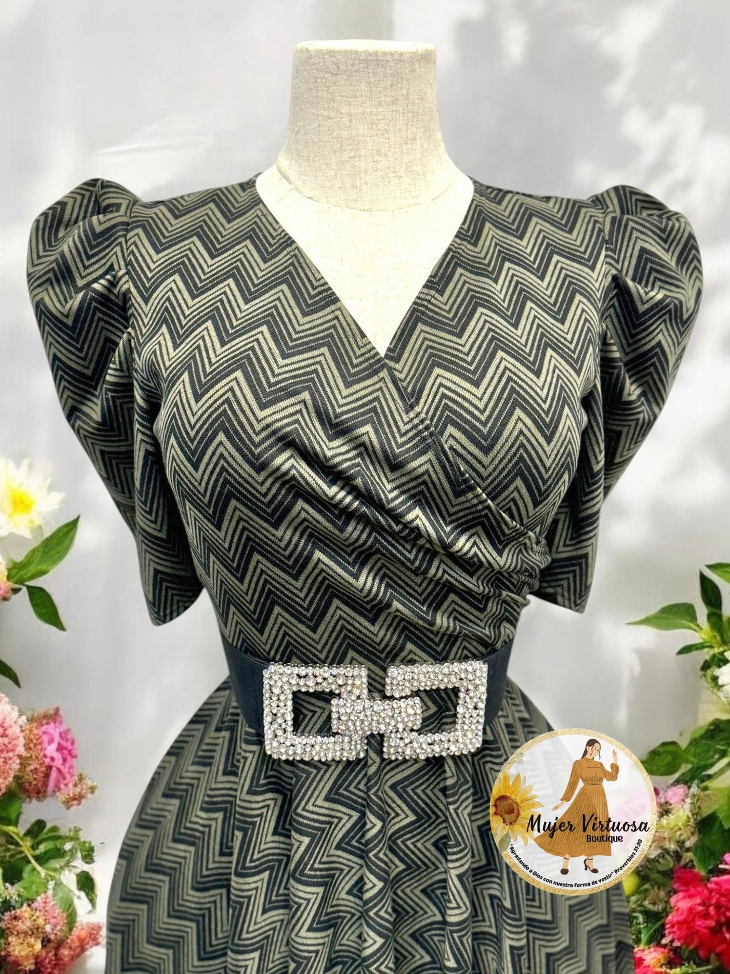 Susan Olive & Black Zigzag Print Dress