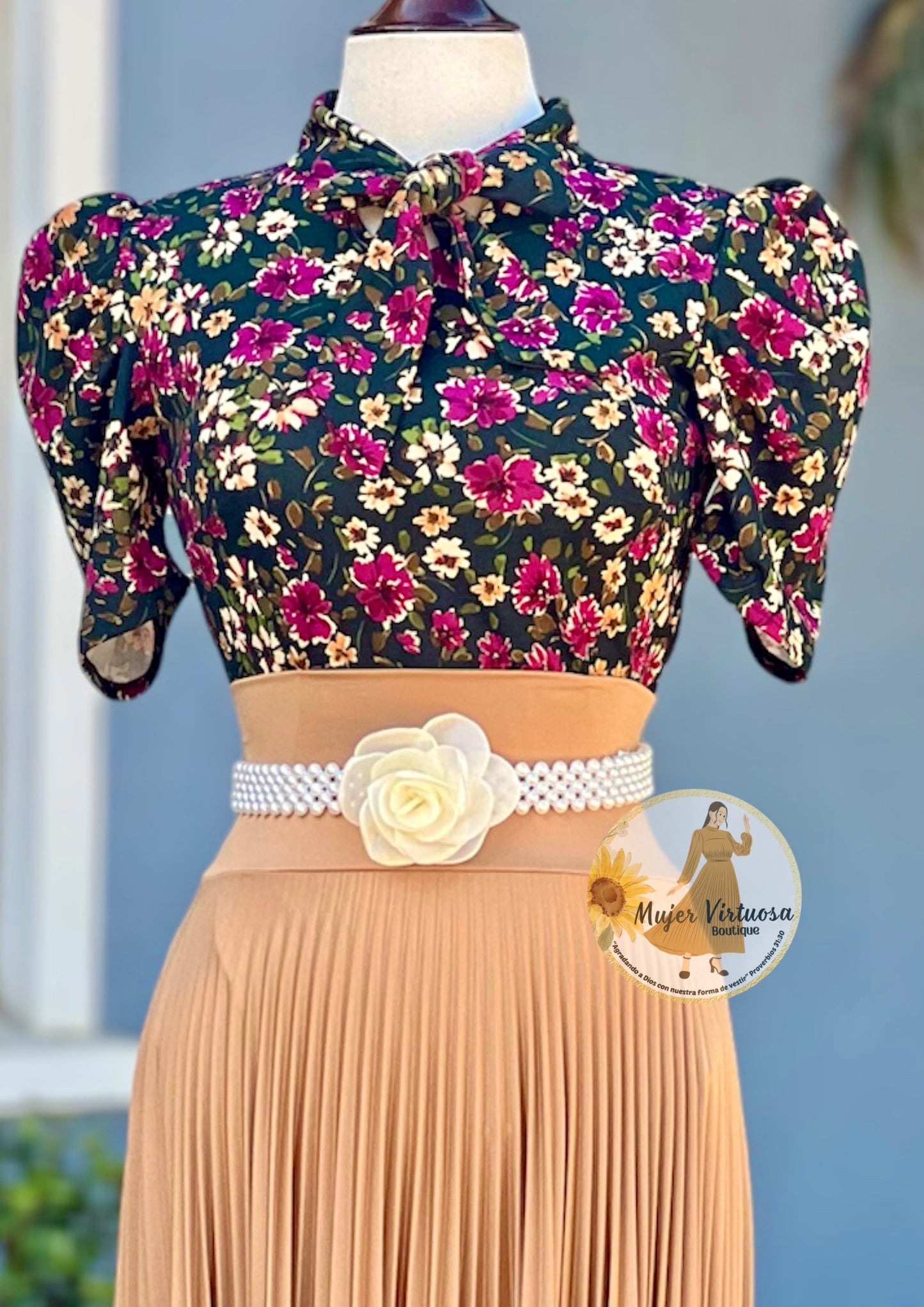 Green Floral Bow Tie Top