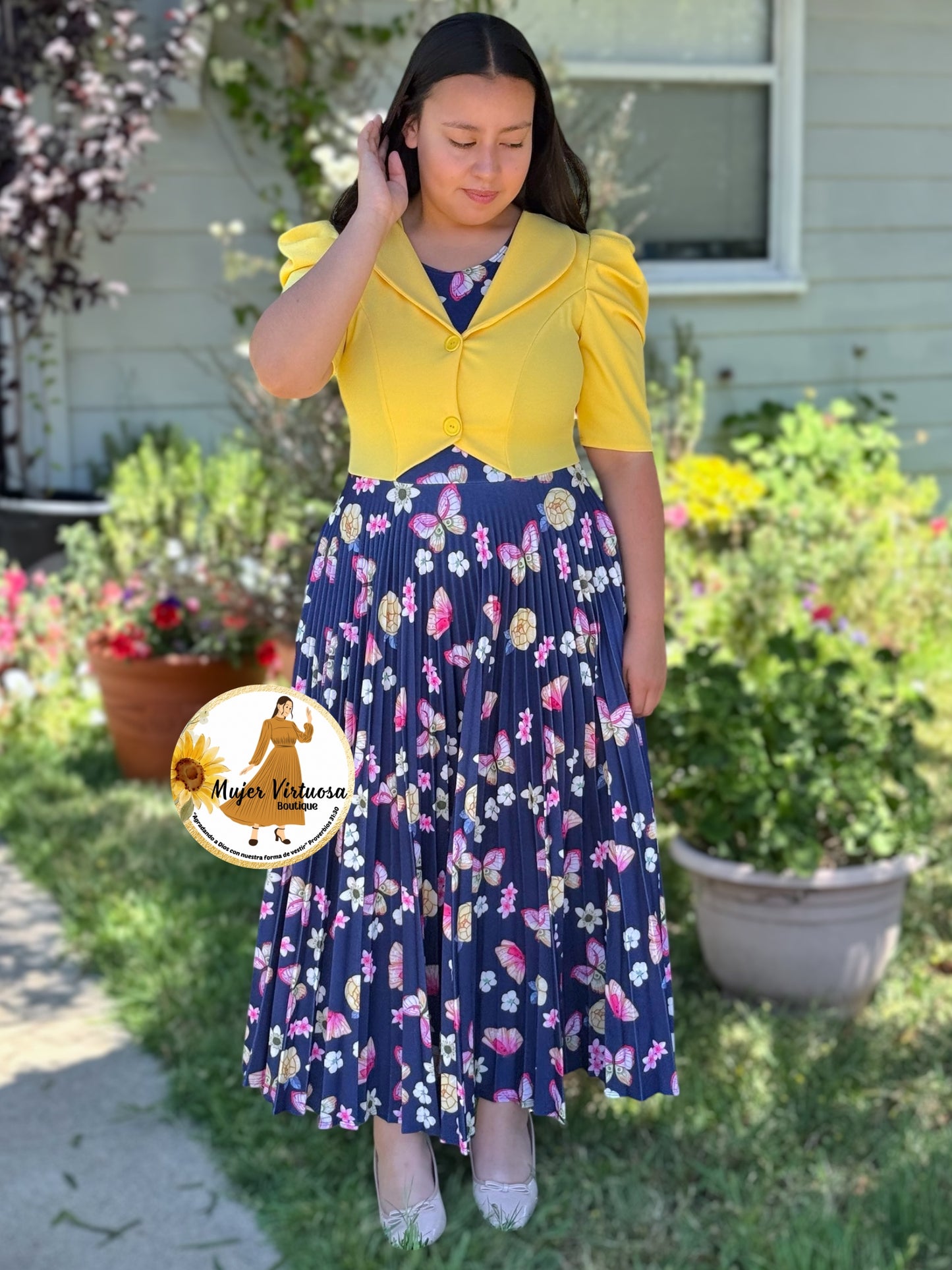 Esther Yellow/Blue Butterfly Pleated Dress