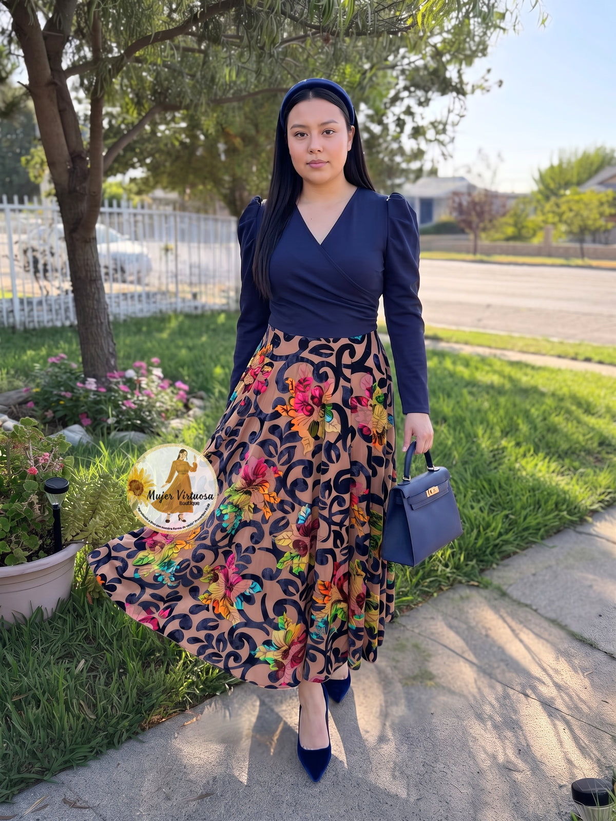 Larissa Navy & Velvet Floral Dress