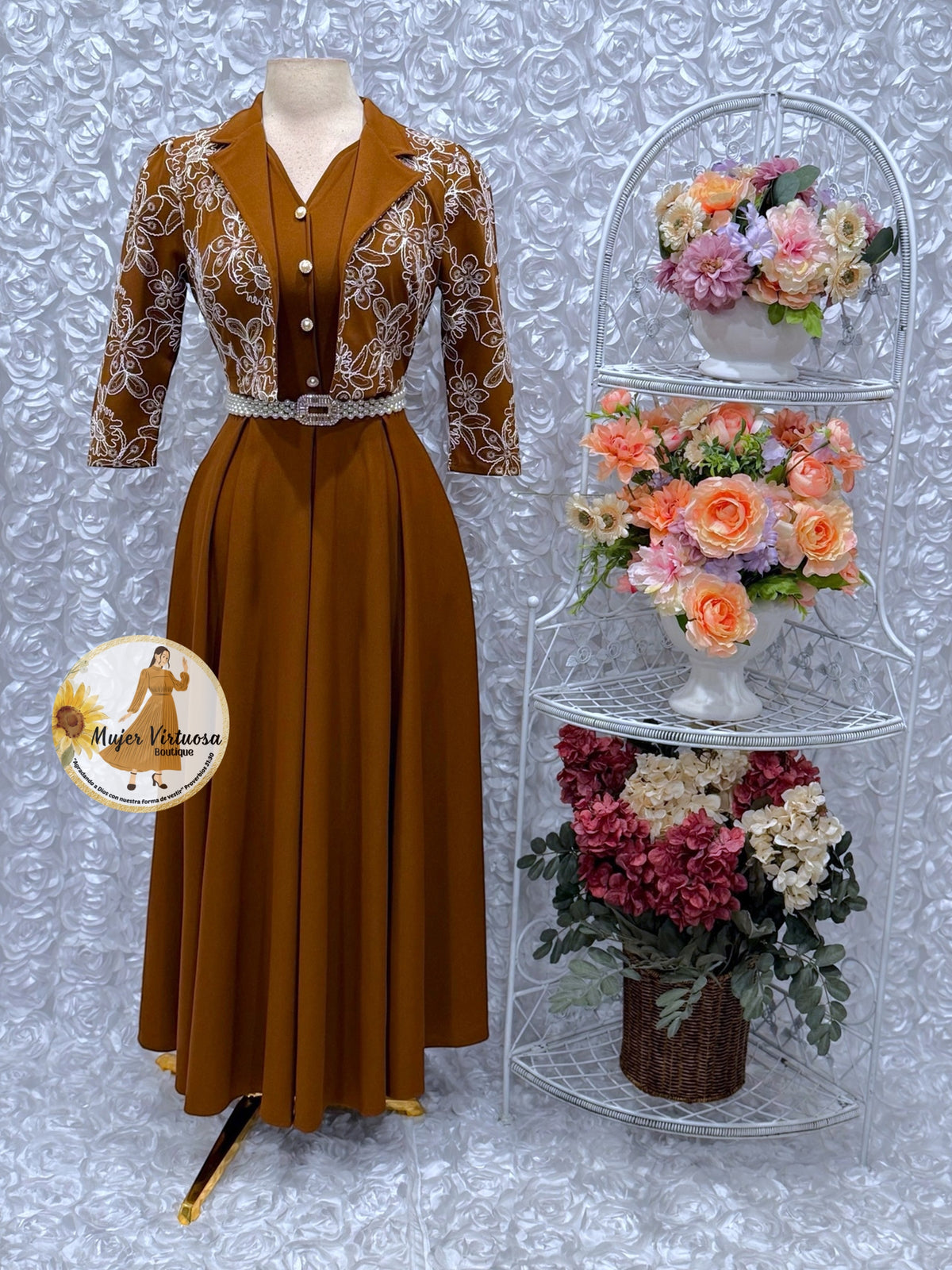 Linda Cognac Embroidered Dress