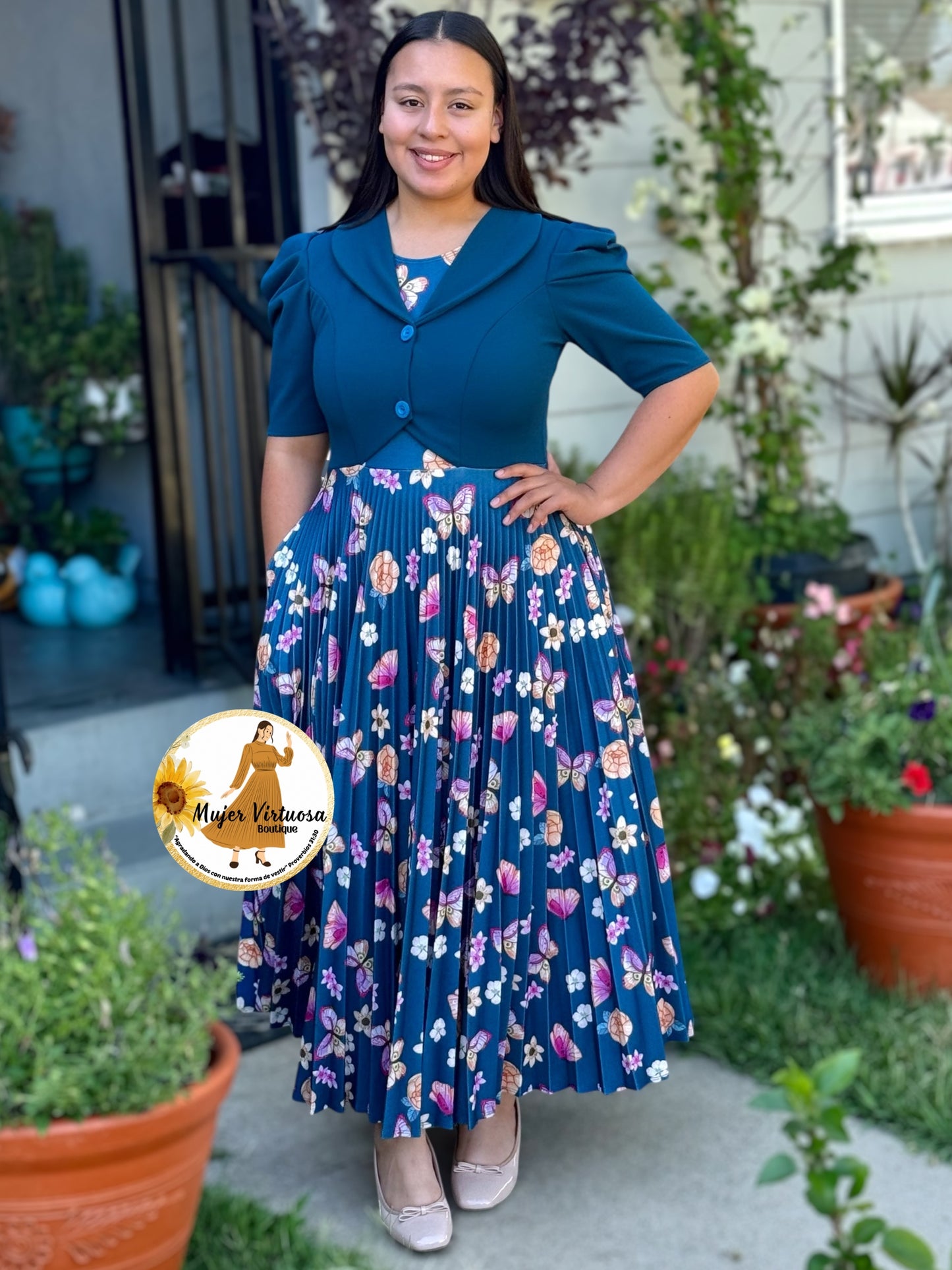 Esther Teal Butterfly Pleated Dress