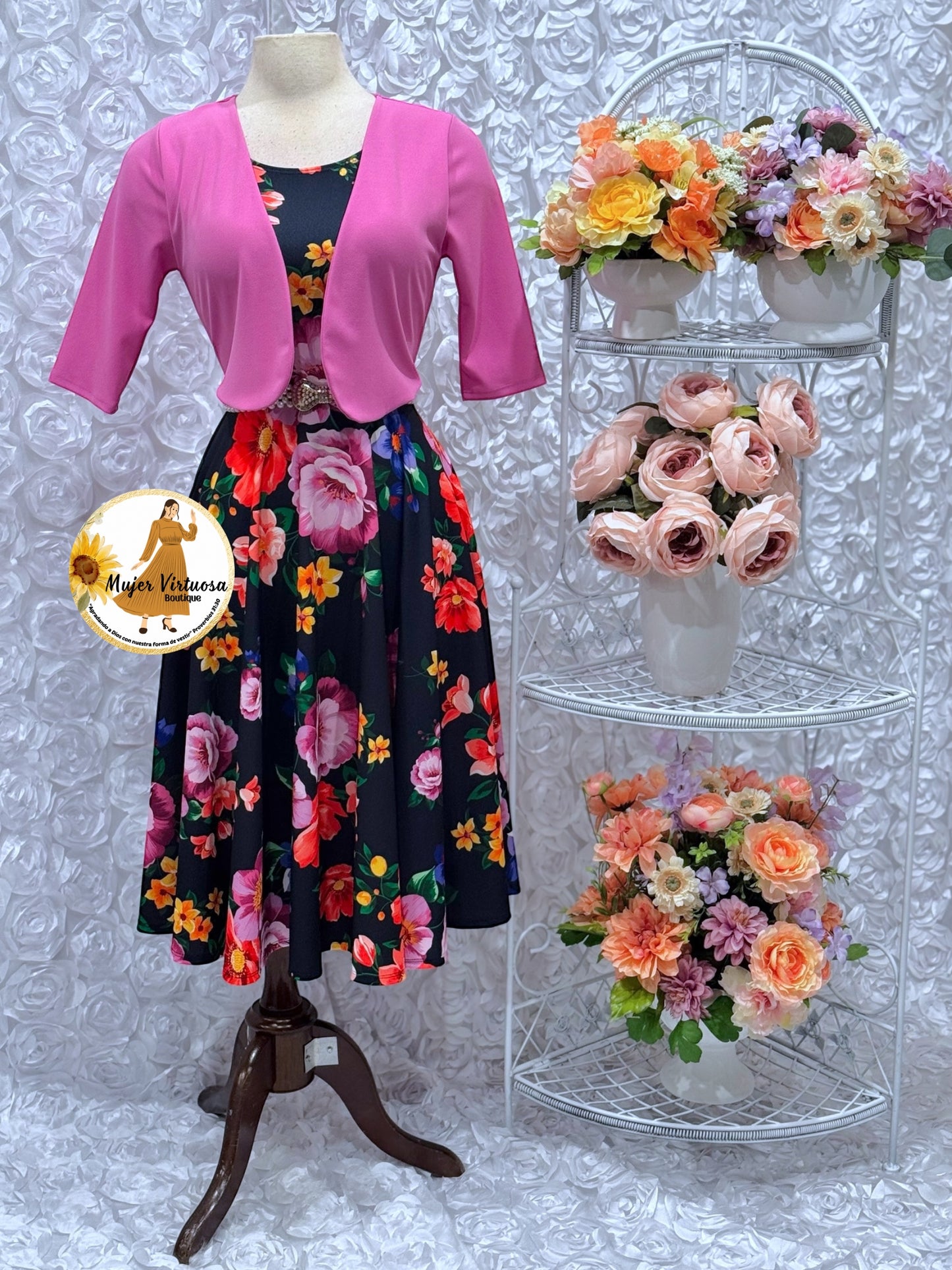 Clara Black/Pink Floral Midi Dress