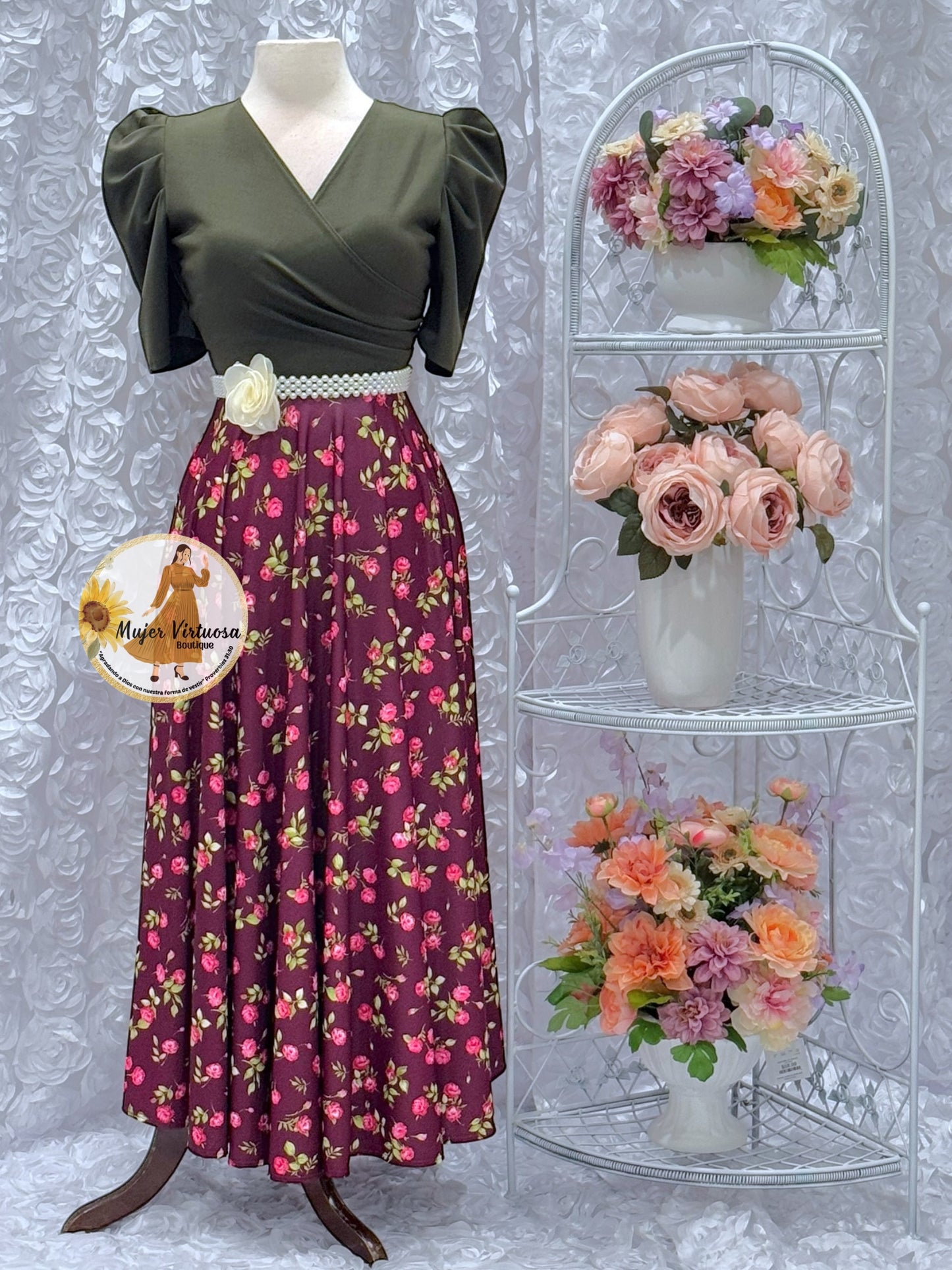 Susan Olive & Burgundy Floral Dress