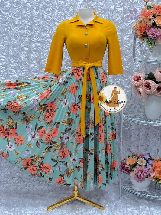 Eliza Mustard/Green Floral Dress
