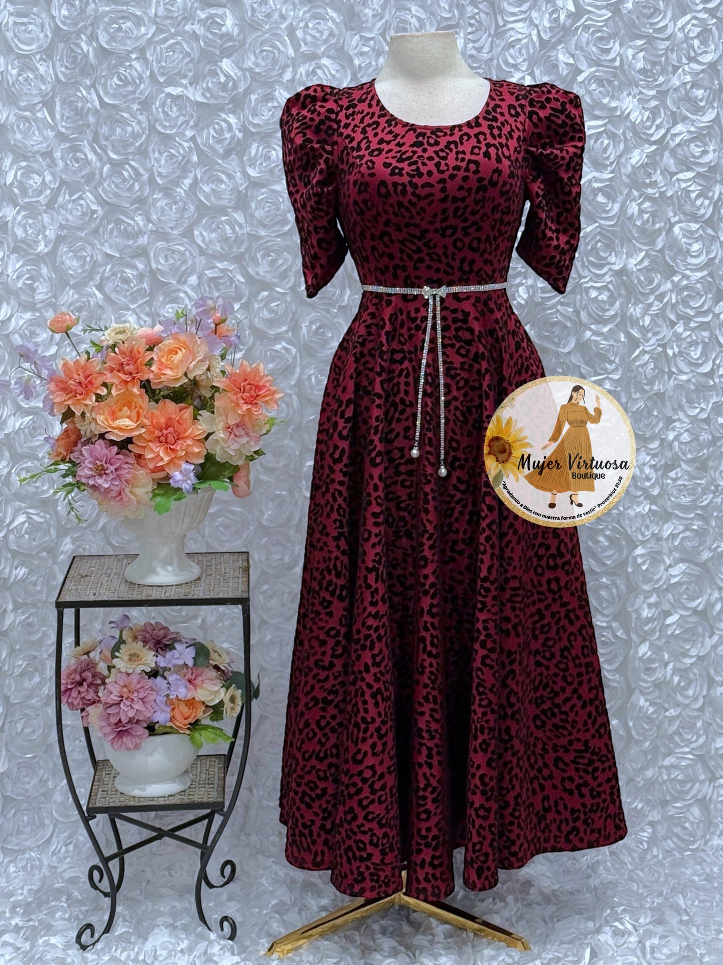 Burgundy Animal Print Velvet Dress