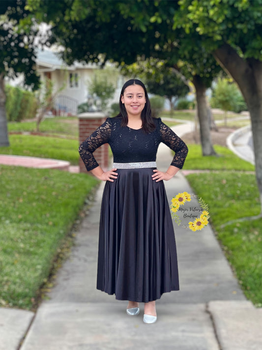 Eunice Black Satin & Lace Dress