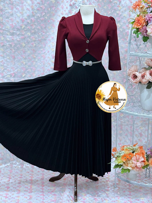 Milena Burgundy/Black Pleated Dress