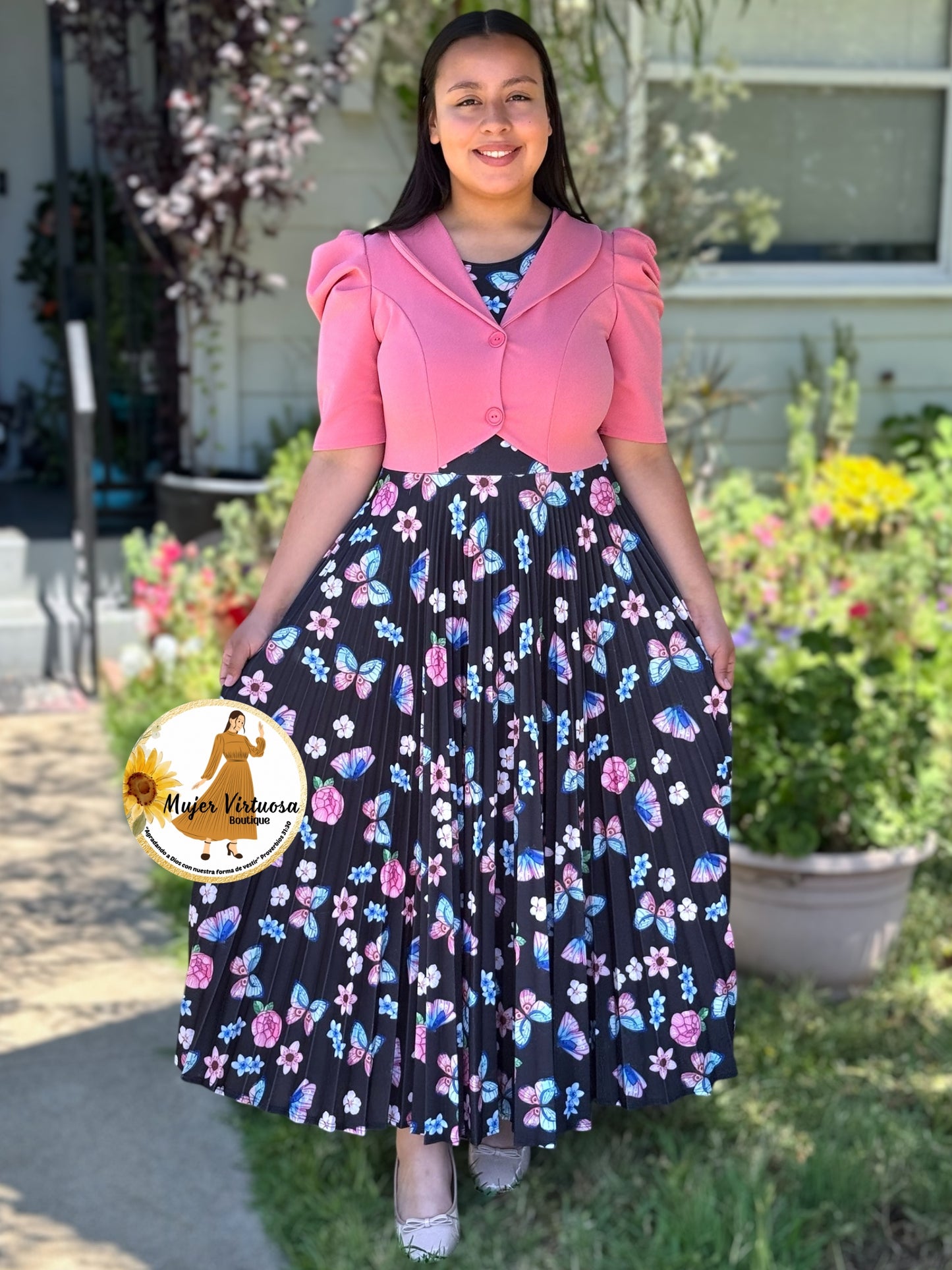 Esther Pink/Black Butterfly Pleated Dress