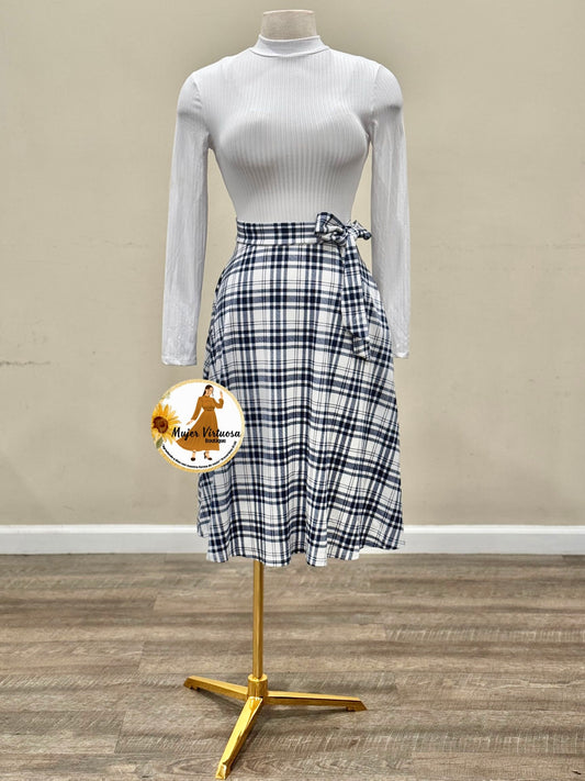 White & Blue Plaid Midi Dress