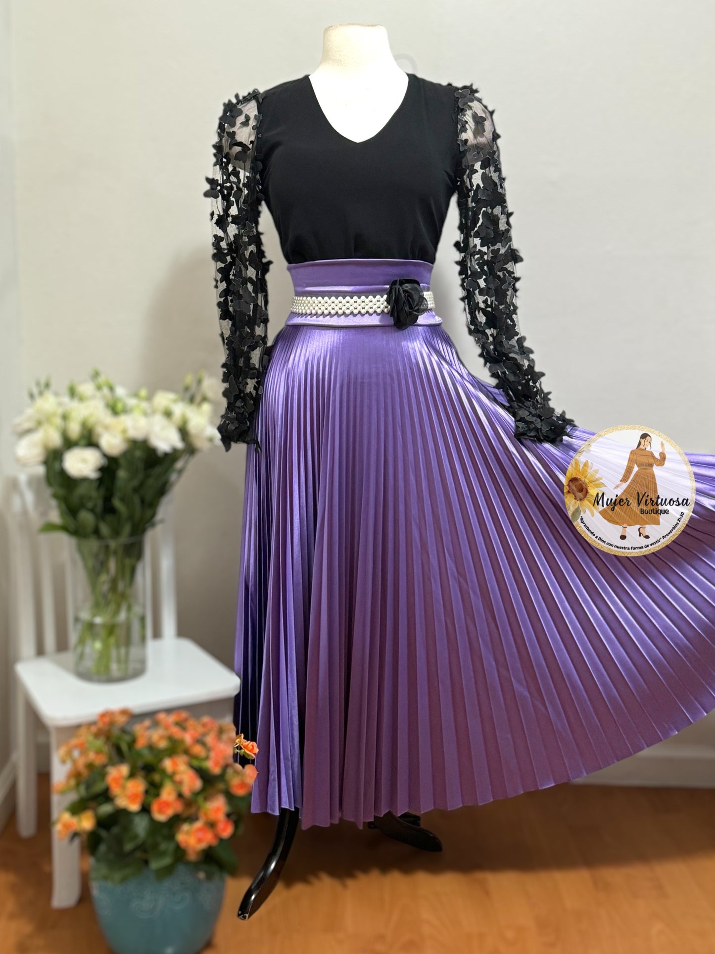 Dark Lilac Satin Pleated Skirt