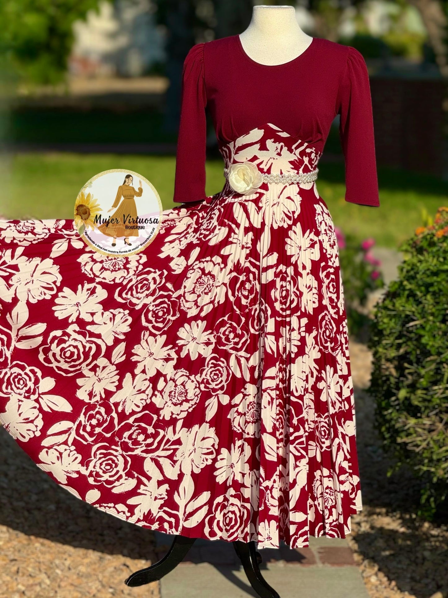 Cristel Burgundy Floral Pleated Dress