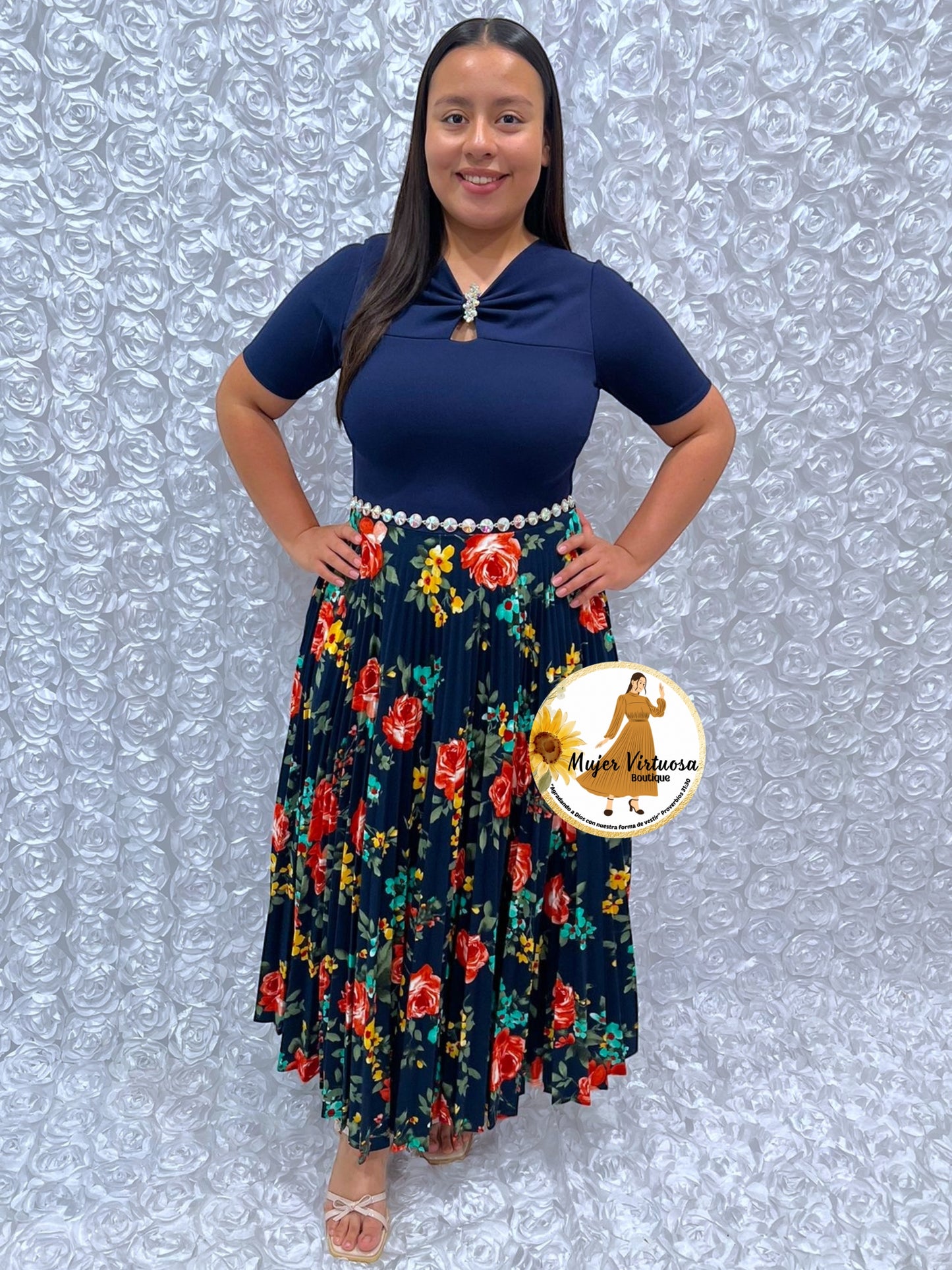 Sandy Navy w/Red Roses Dress