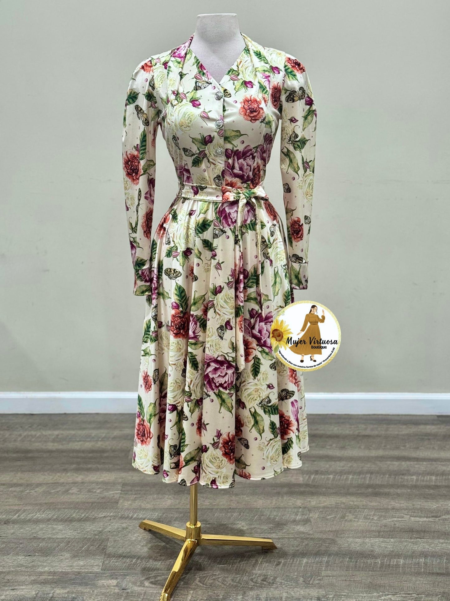 Ivory Floral & Butterflies Midi Dress