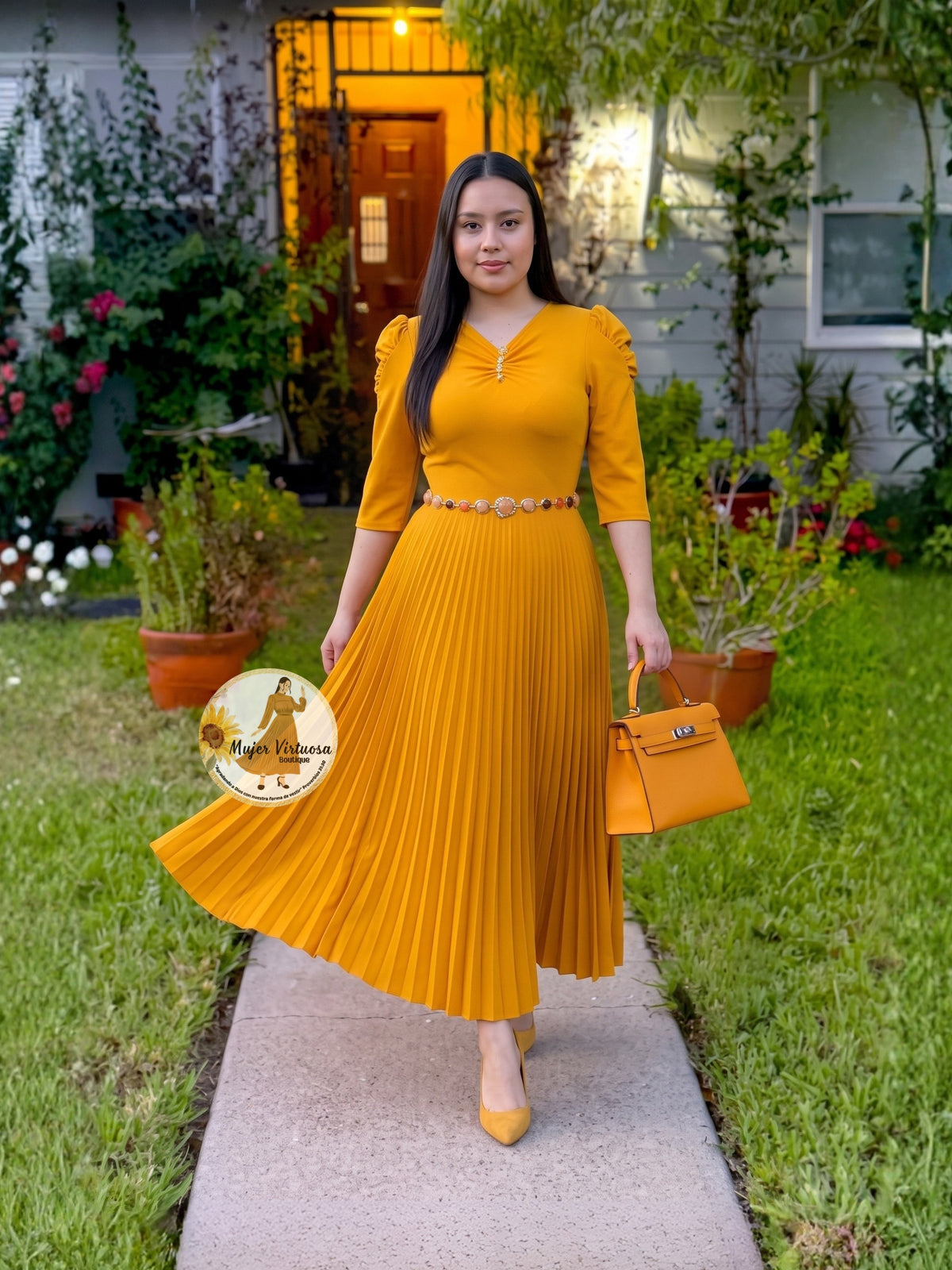 Sasha Mustard Brooch Dress