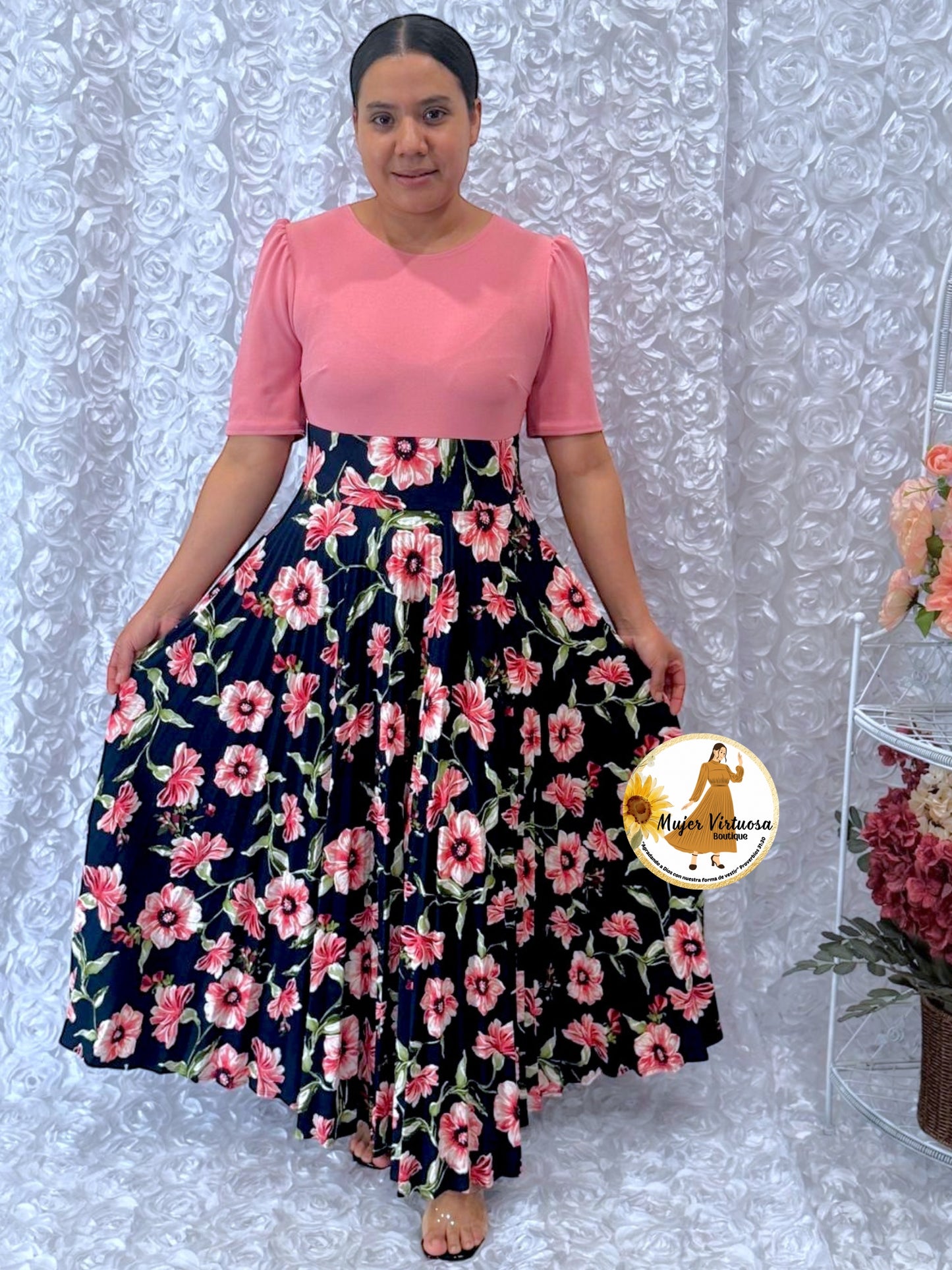 Eliana Pink & Navy Pleated Dress