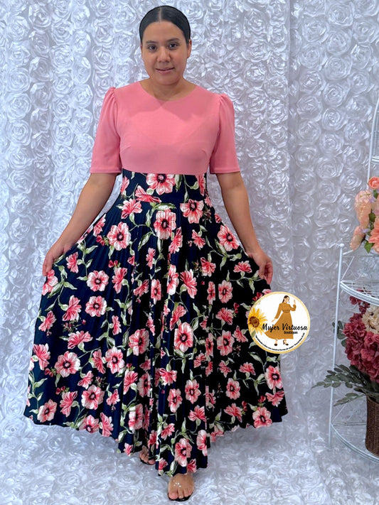 Eliana Pink & Navy Pleated Dress