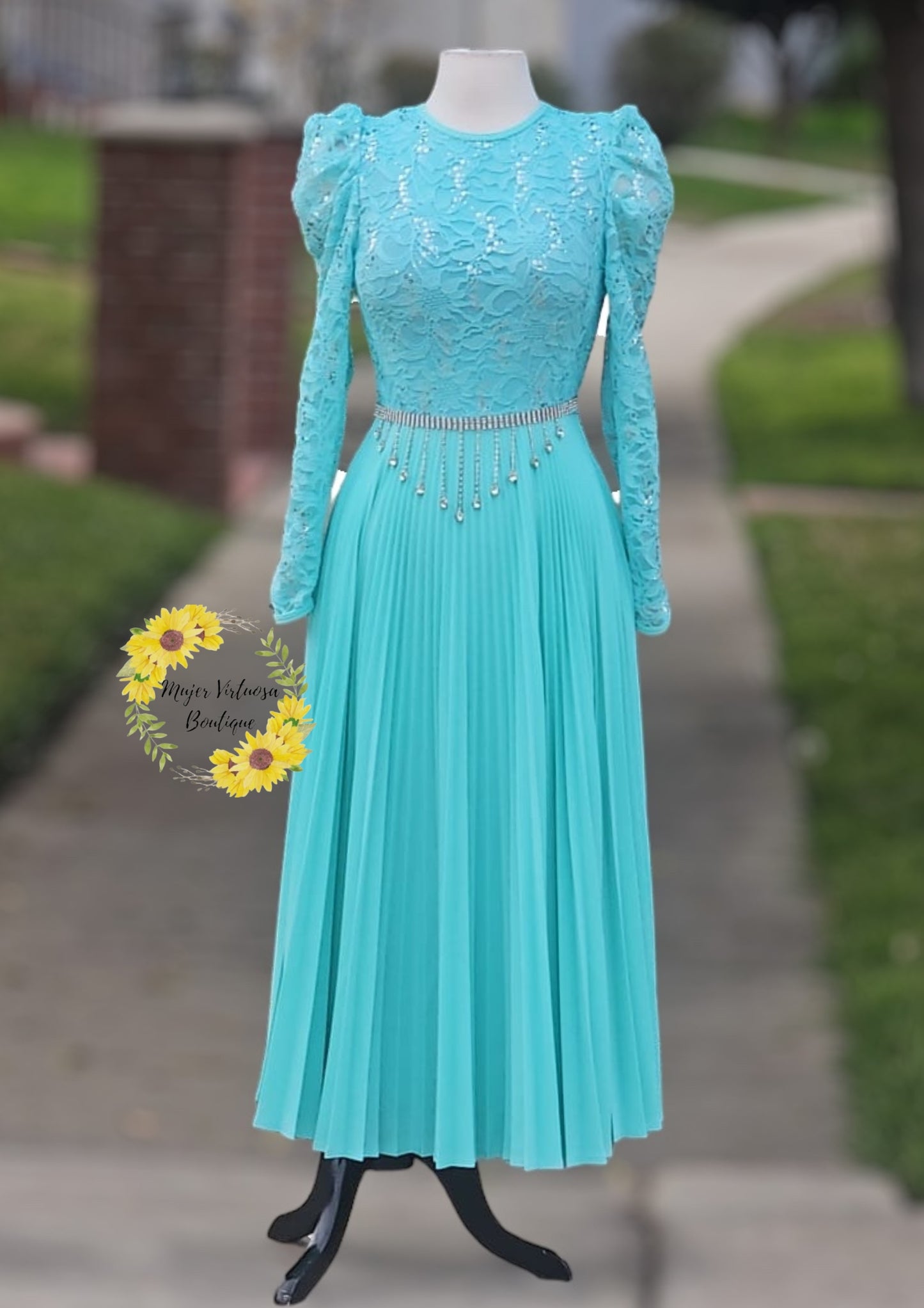 Ophelia Mint Pleated Lace Dress