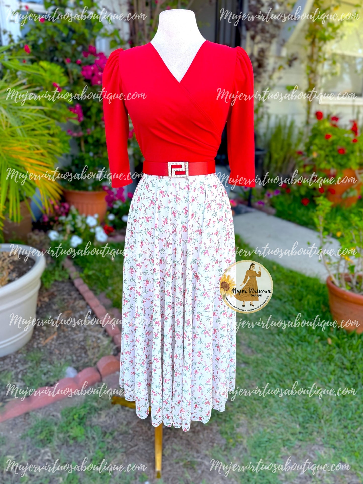 Eva Red Crepe & Mesh Dress