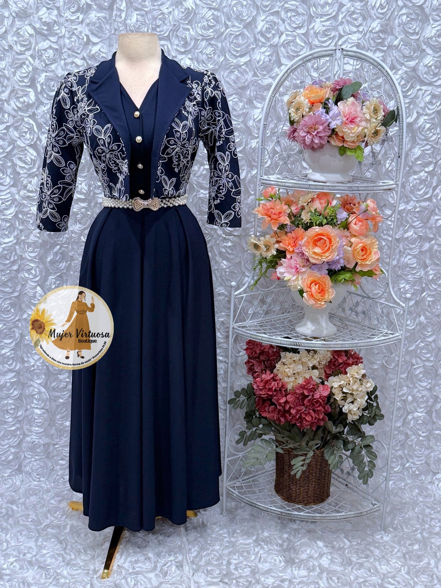 Linda Navy Blue Embroidered Dress