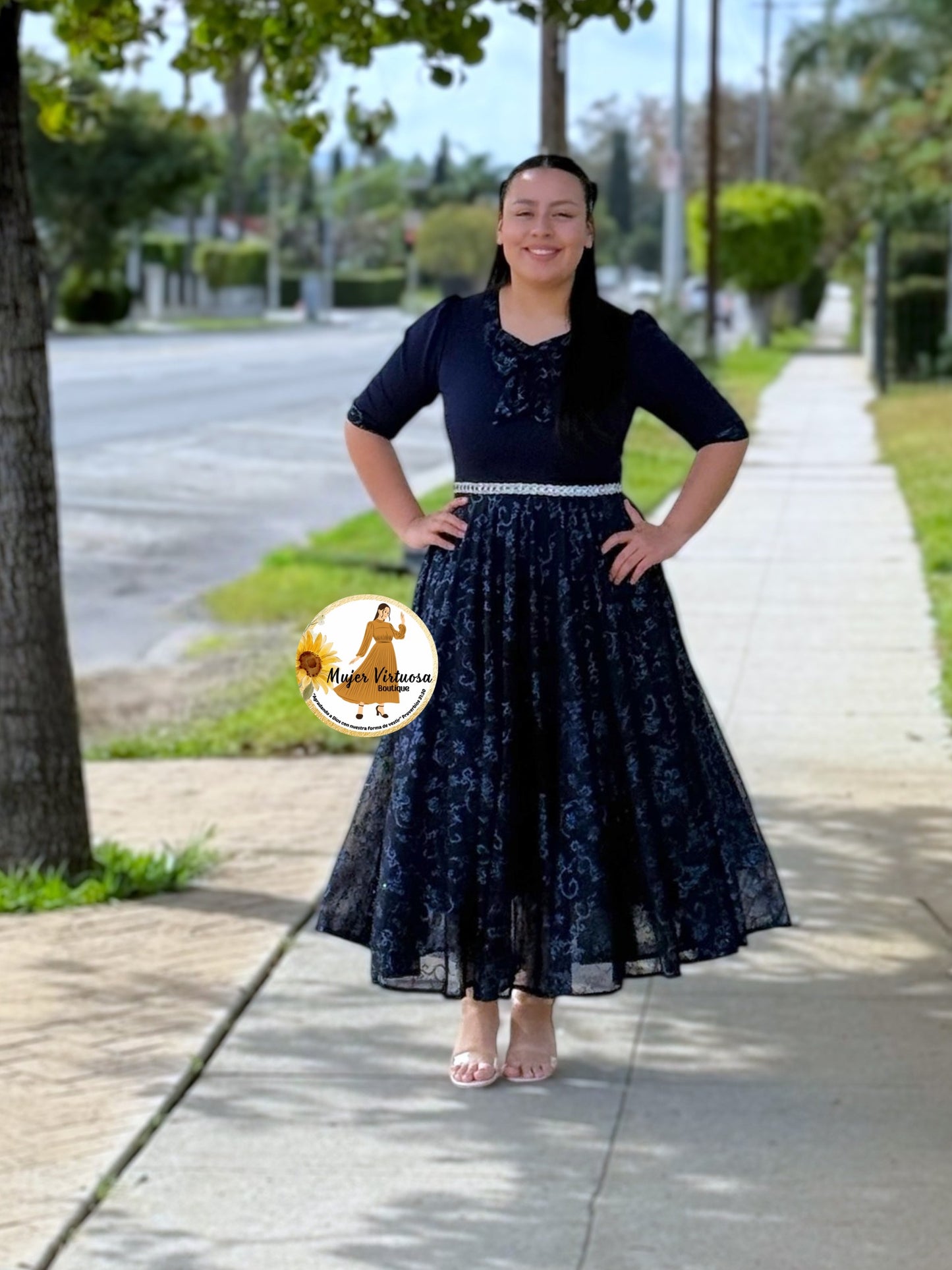 Madelyn Navy Mesh Bow Dress