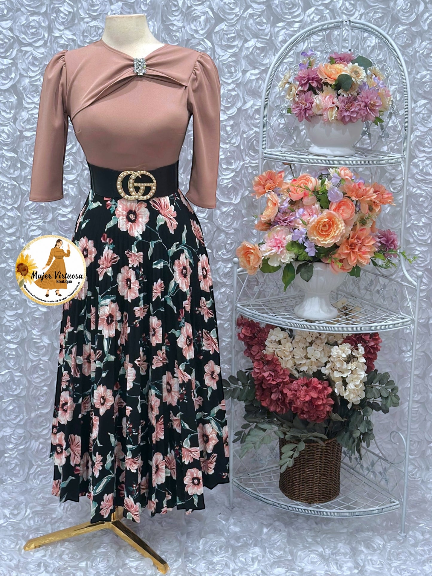 Rosalie Dusty Pink & Black Pleated Dress