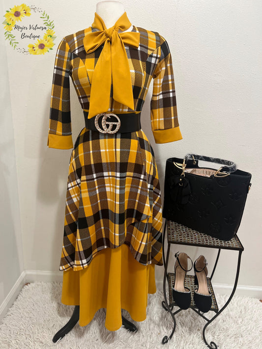 Oriana Mustard Vintage Plaid Dress