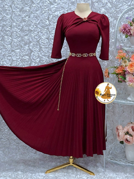 Rosalie Burgundy Pleated Dress