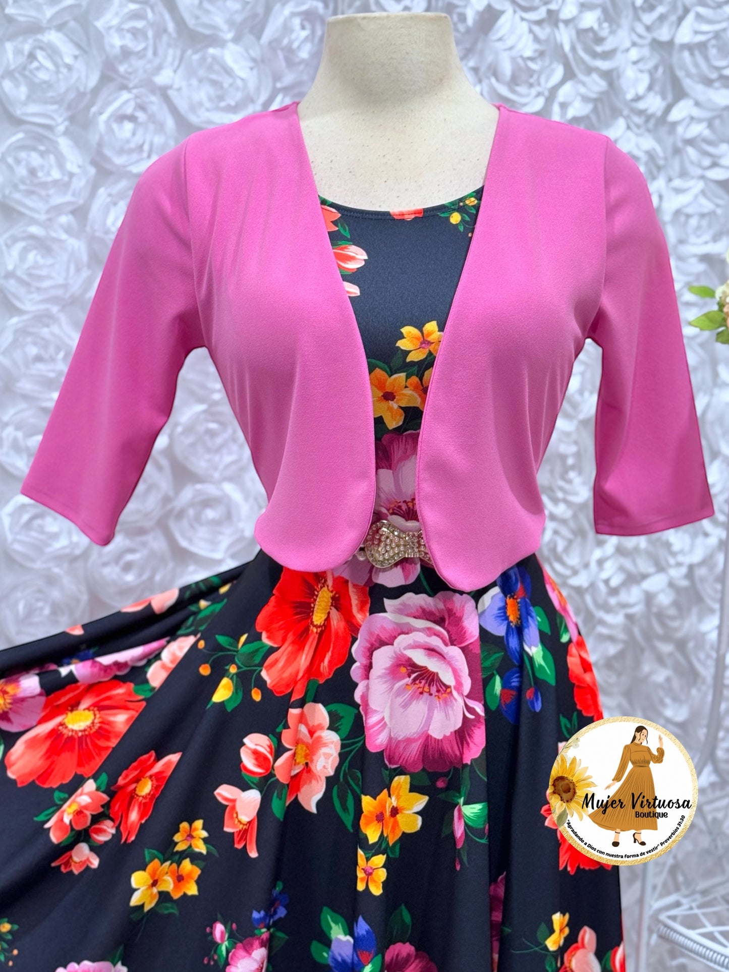 Clara Black/Pink Floral Midi Dress