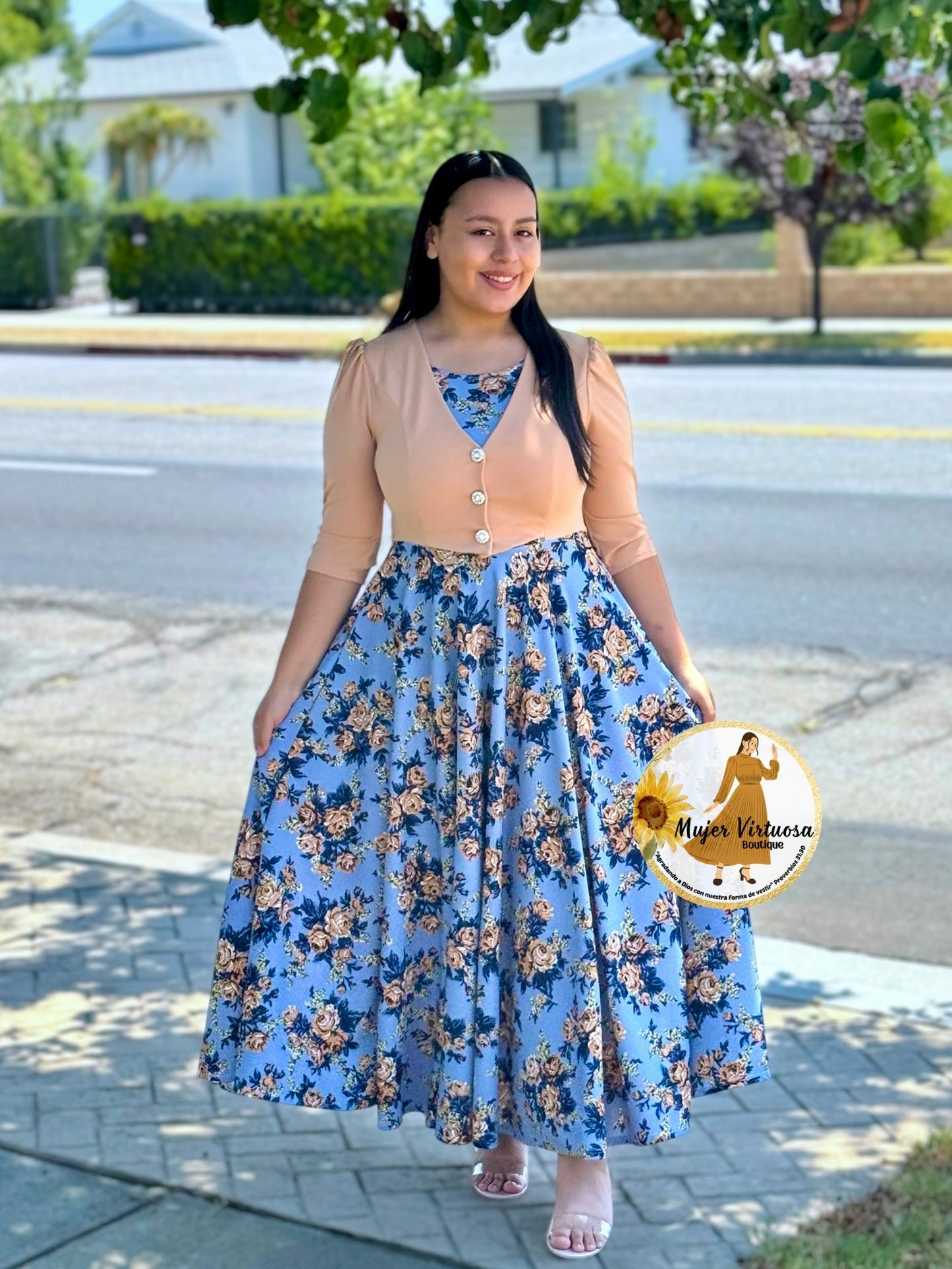 Betsy Beige/Blue Floral Dress