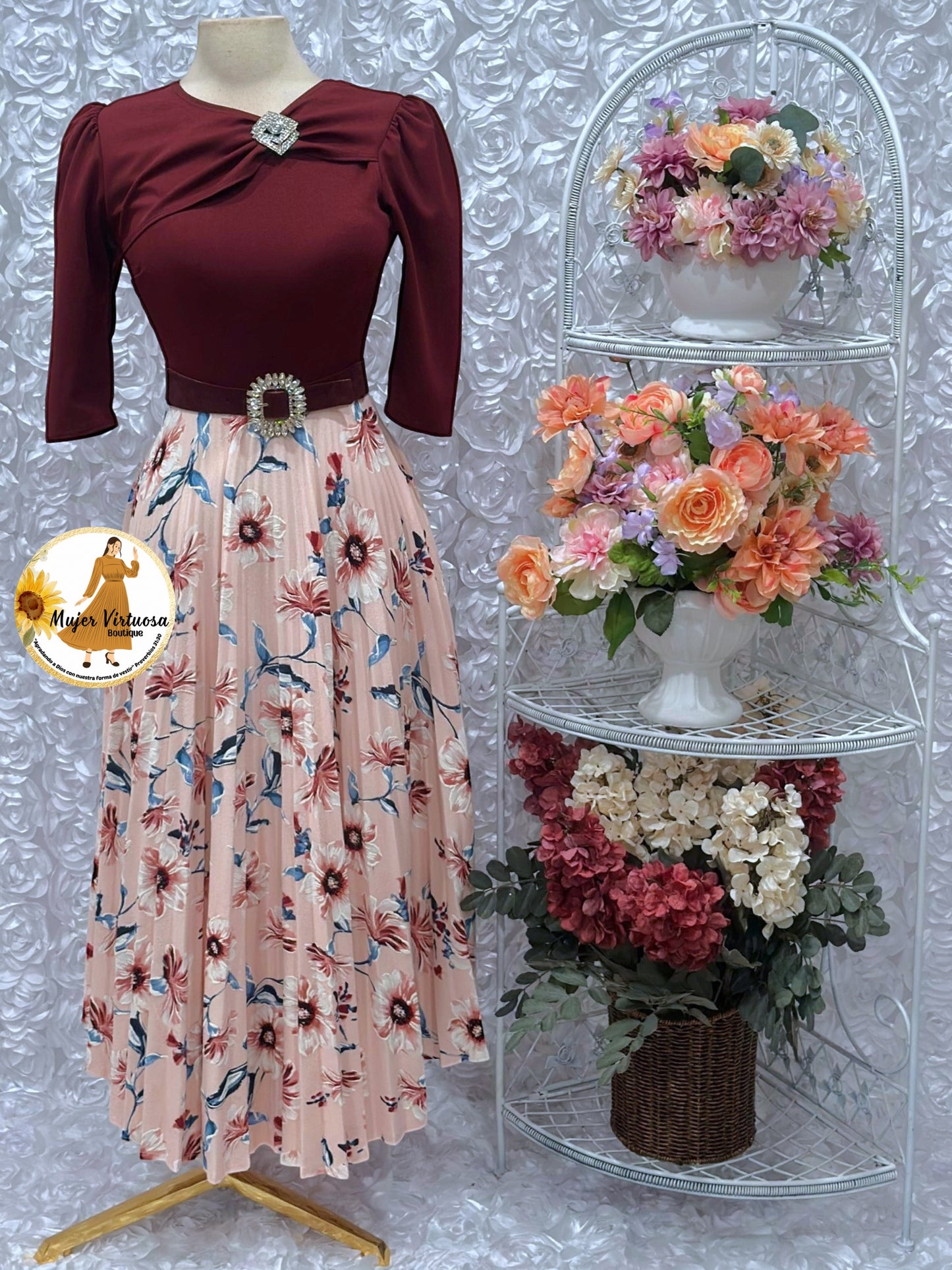 Rosalie Wine & Pink Pleated Dress