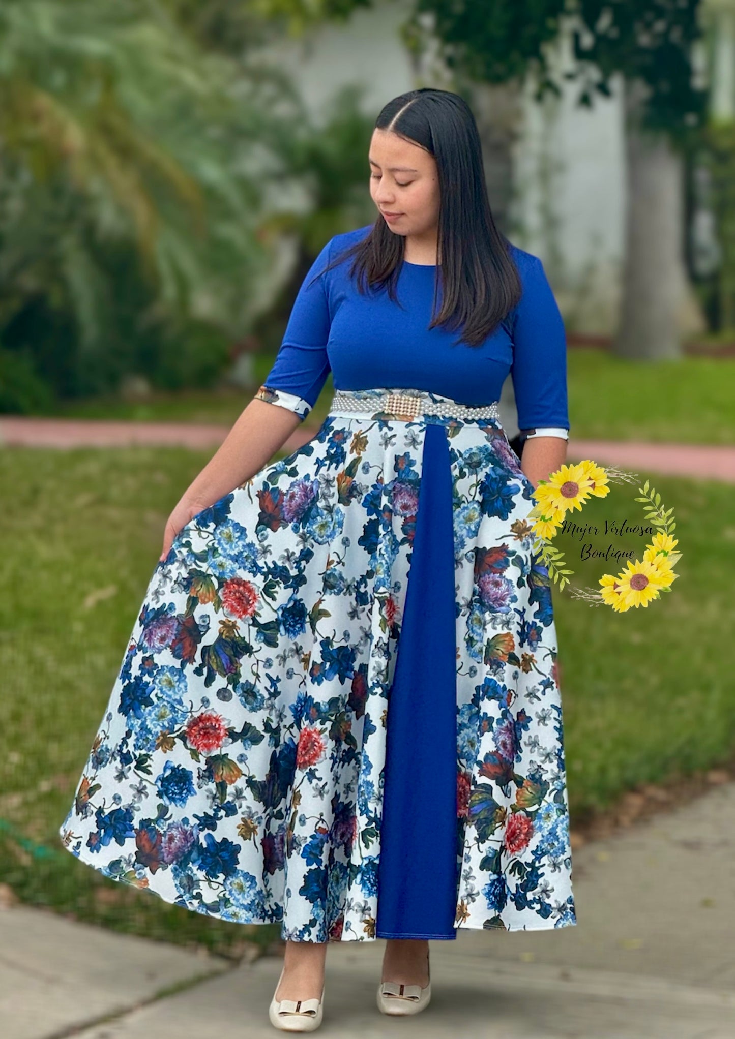 Navy Blue Floral Dress “Andrea”