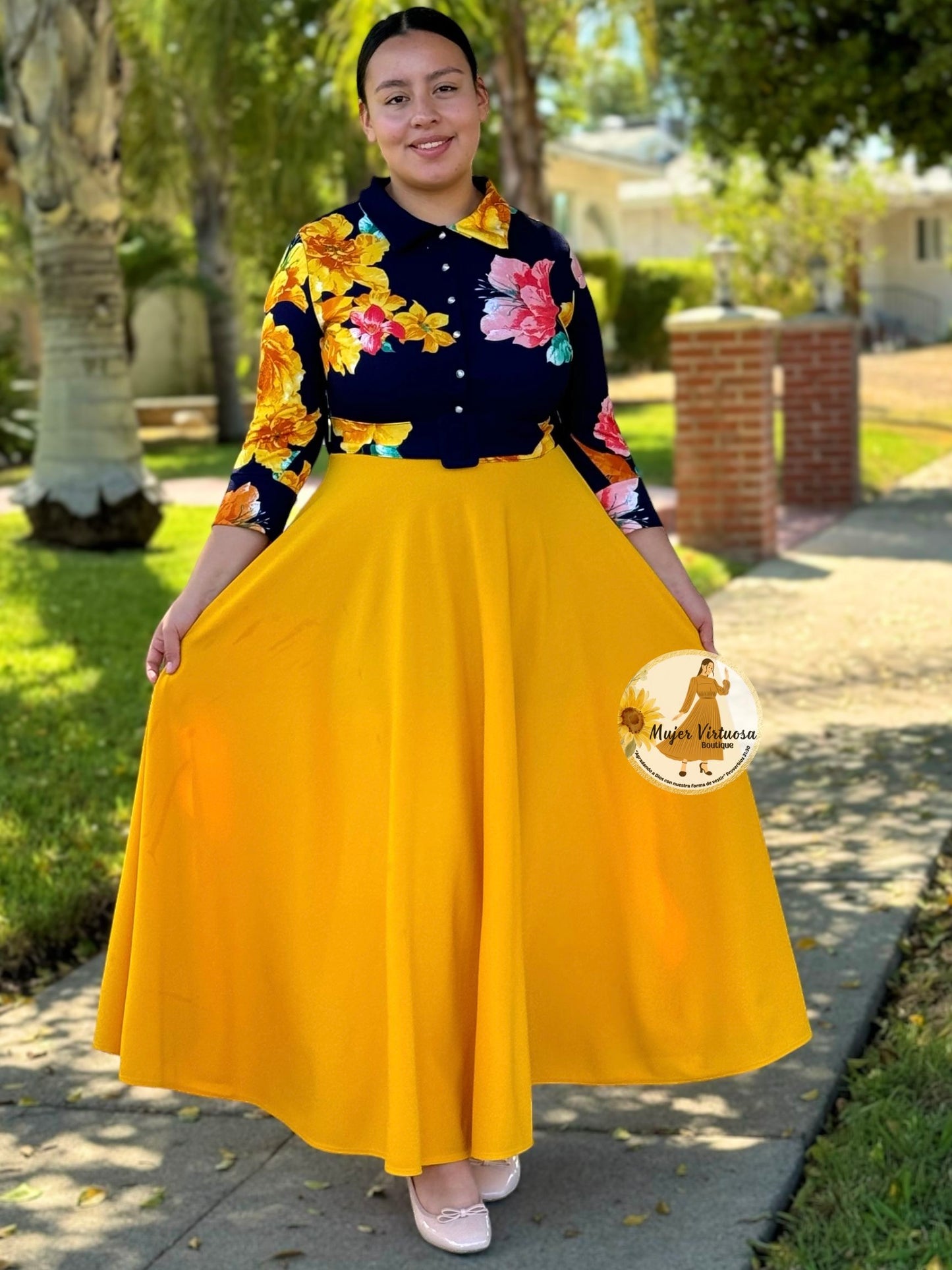 Hadassah Mustard Belted Floral Dress